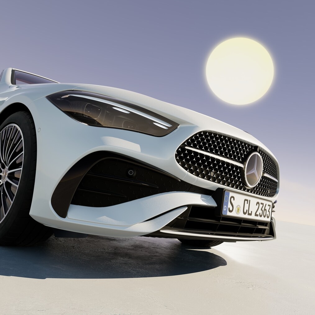 Frontalansicht des DIGITAL LIGHTS Scheinwerfers eines Mercedes-Benz CLE Cabriolets. 