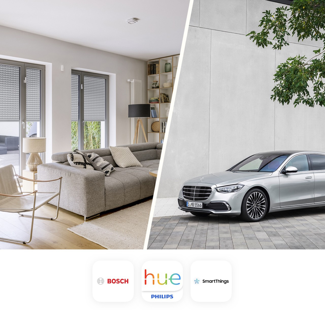 Das Bild zeigt eine Collage, auf der eine eingerichtete Wohnung zu sehen ist, sowie ein Fahrzeug von Mercedes. Ebenso zu sehen sind die verschiedenen Smart Home Anbieter, welche mit Mercedes-Benz kooperieren. Das Bild zeigt eine Collage, auf der eine eingerichtete Wohnung zu sehen ist, sowie ein Fahrzeug von Mercedes. Ebenso zu sehen sind die verschiedenen Smart Home Anbieter, welche mit Mercedes-Benz kooperieren.