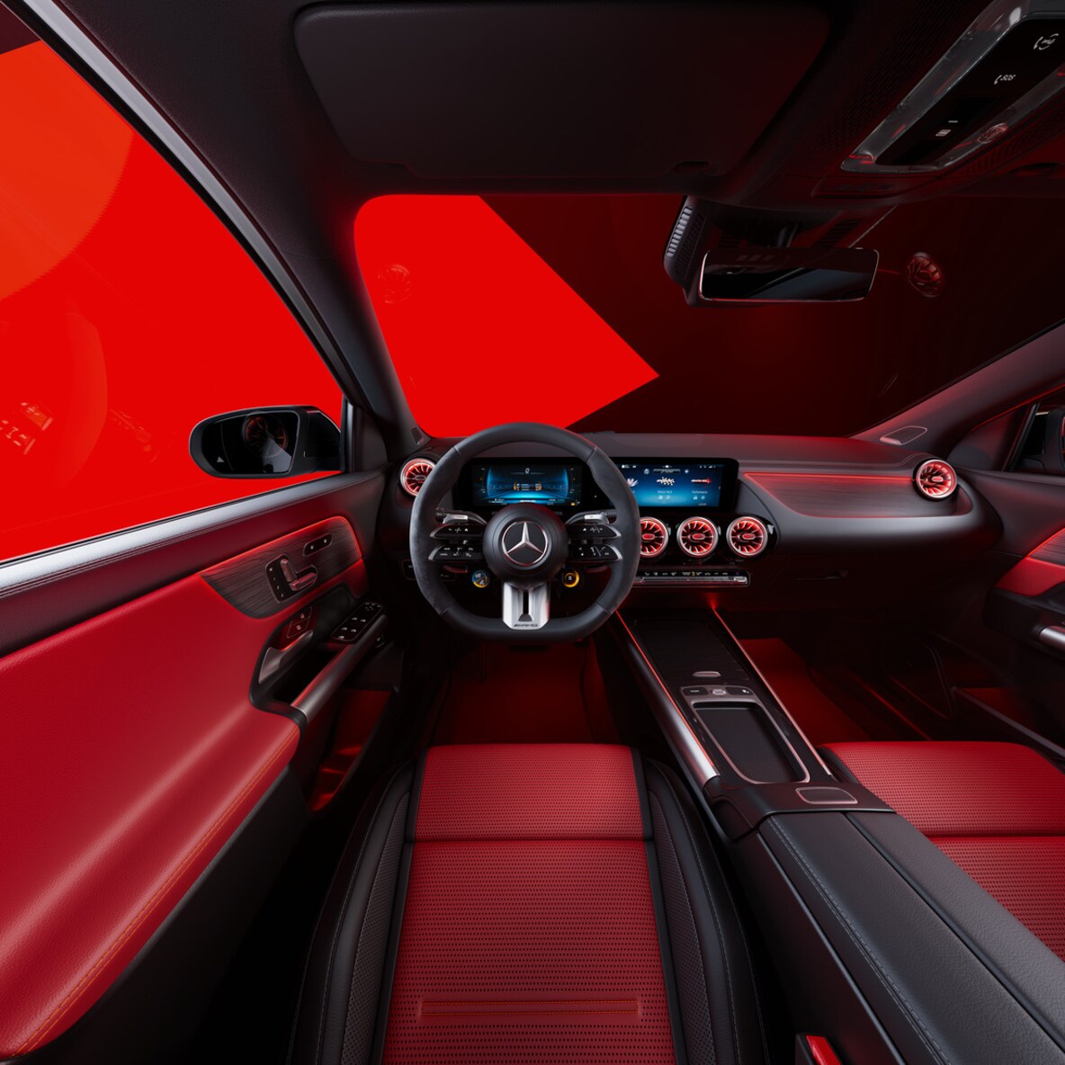 Vordere Seitenansicht eines Mercedes-AMG GLA 45 S 4MATIC+.