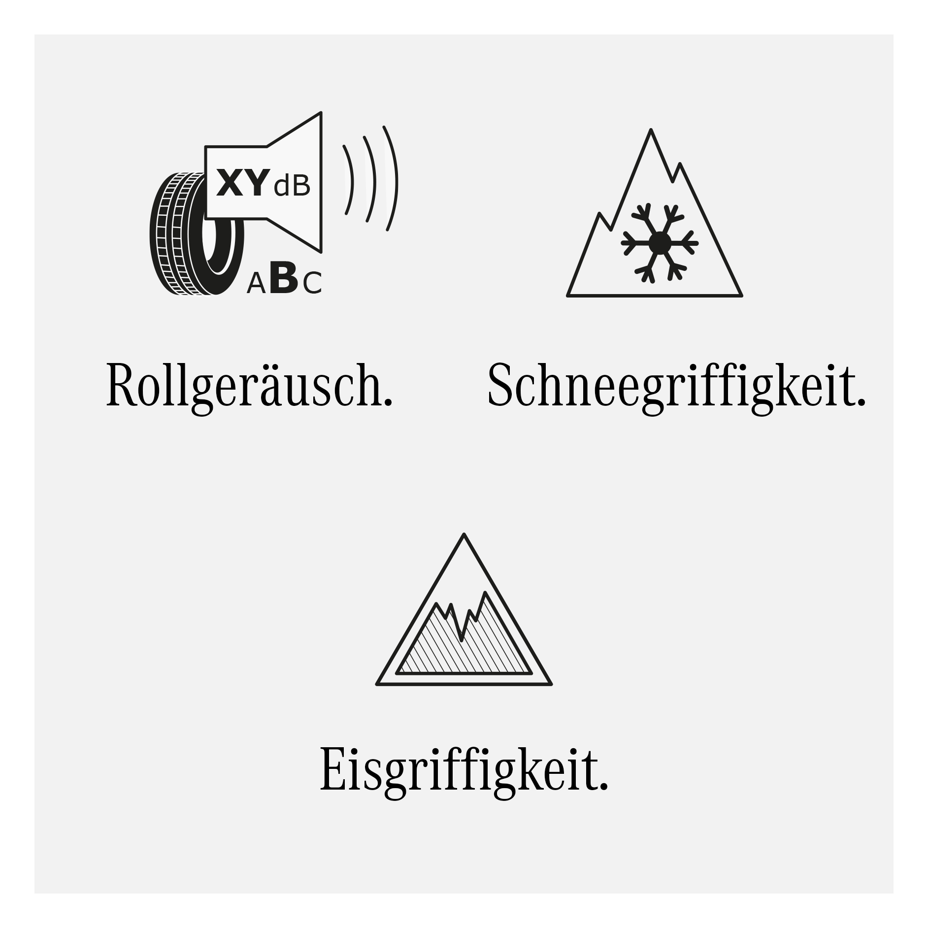 Neues EU Reifenlabel | Mercedes-Benz Piktogramme des EU Reifenlabels: Rollgeräusch, Schneegriffigkeit, Eisgriffigkeit.