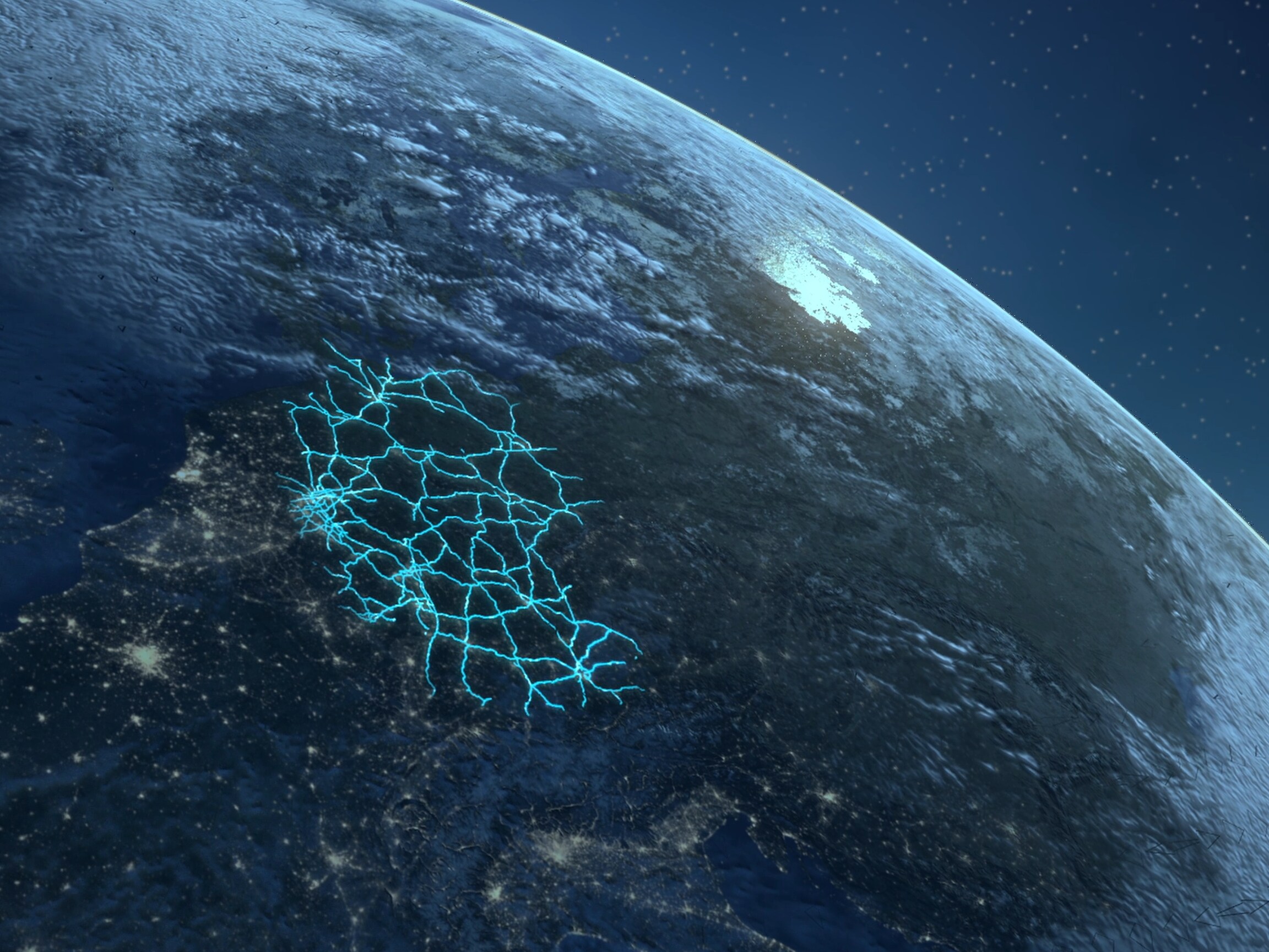 Ein Ausschnitt der Weltkugel mit einem schematisch dargestellten Streckennetz in Deutschland