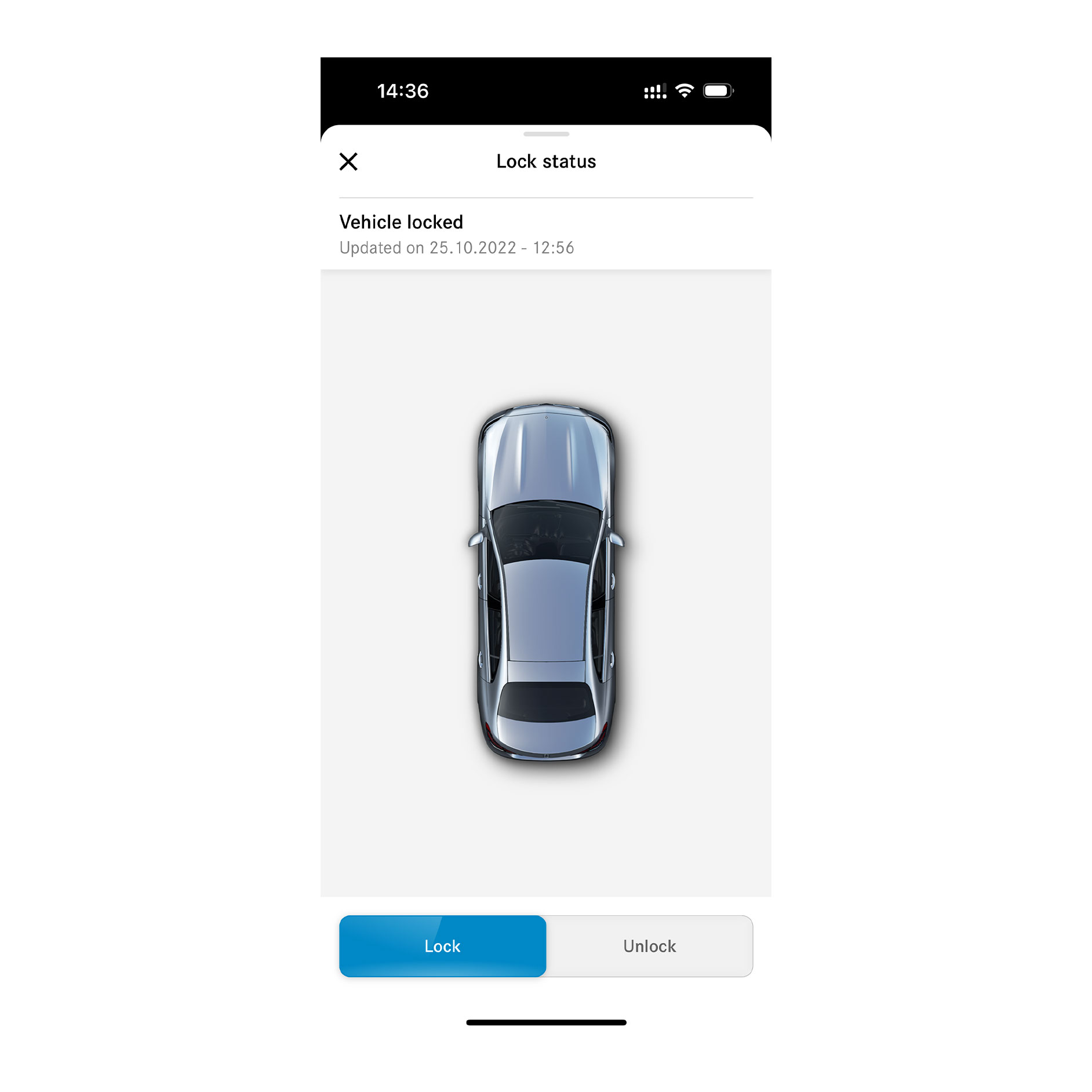 Türfernschließung und -entriegelung | Remote | Mercedes-Benz Auf einem Smartphone wird der Bildschirm angezeigt, der erscheint, wenn das Digitale Extra Türfernschließung und -entriegelung feststellt, dass alle Türen verriegelt sind.