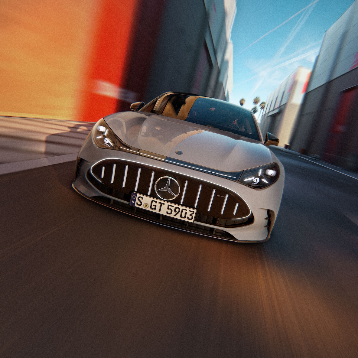 Eine Frontansicht des GT 4-Türer Coupés von Mercedes-AMG.