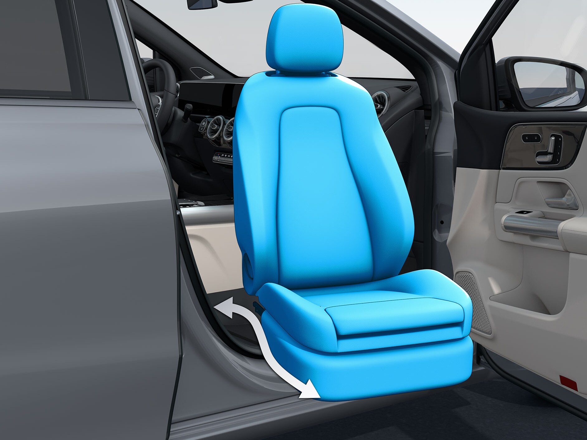 Eine geöffnete Beifahrertür eines behindertengerechten Autos mit dem Schwenk-Hebesitz Turny-Evo.