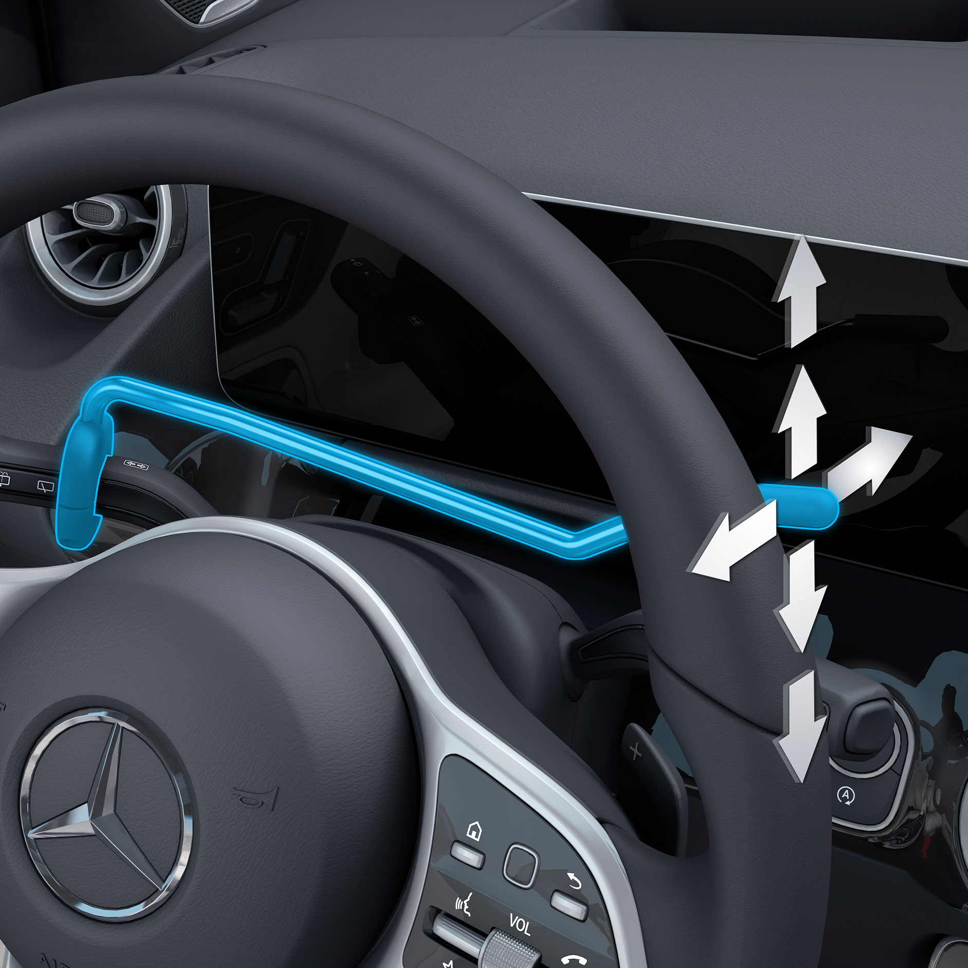 Kombischalterverlegung | Fahrhilfen | Mercedes-Benz Die Kombischalterverlegung nach rechts in einer Detailansicht in Verbindung mit einem behindertengerechten Auto.