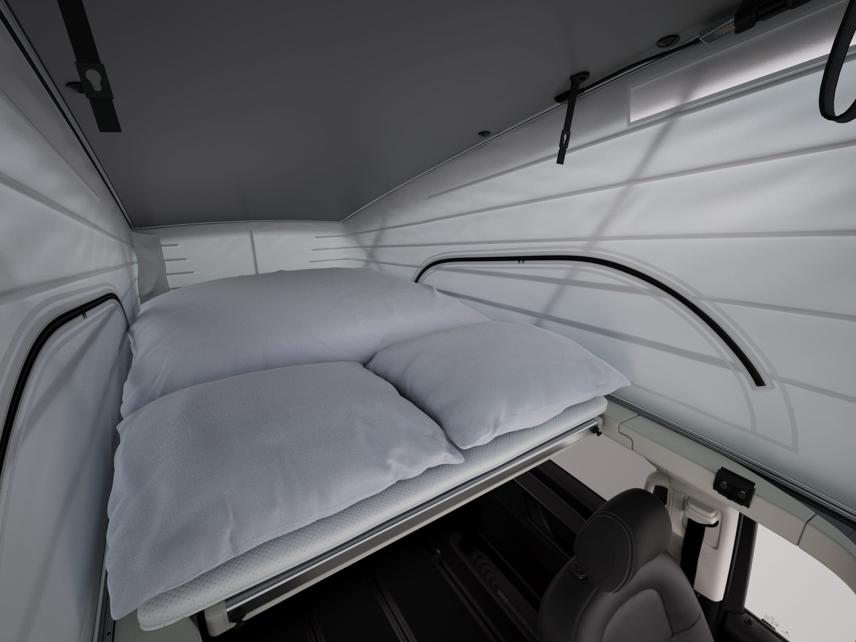 Mercedes-Benz Marco Polo HORIZON: Schlafbereich mit bequemem Bett im Innenraum des Aufstelldachs.