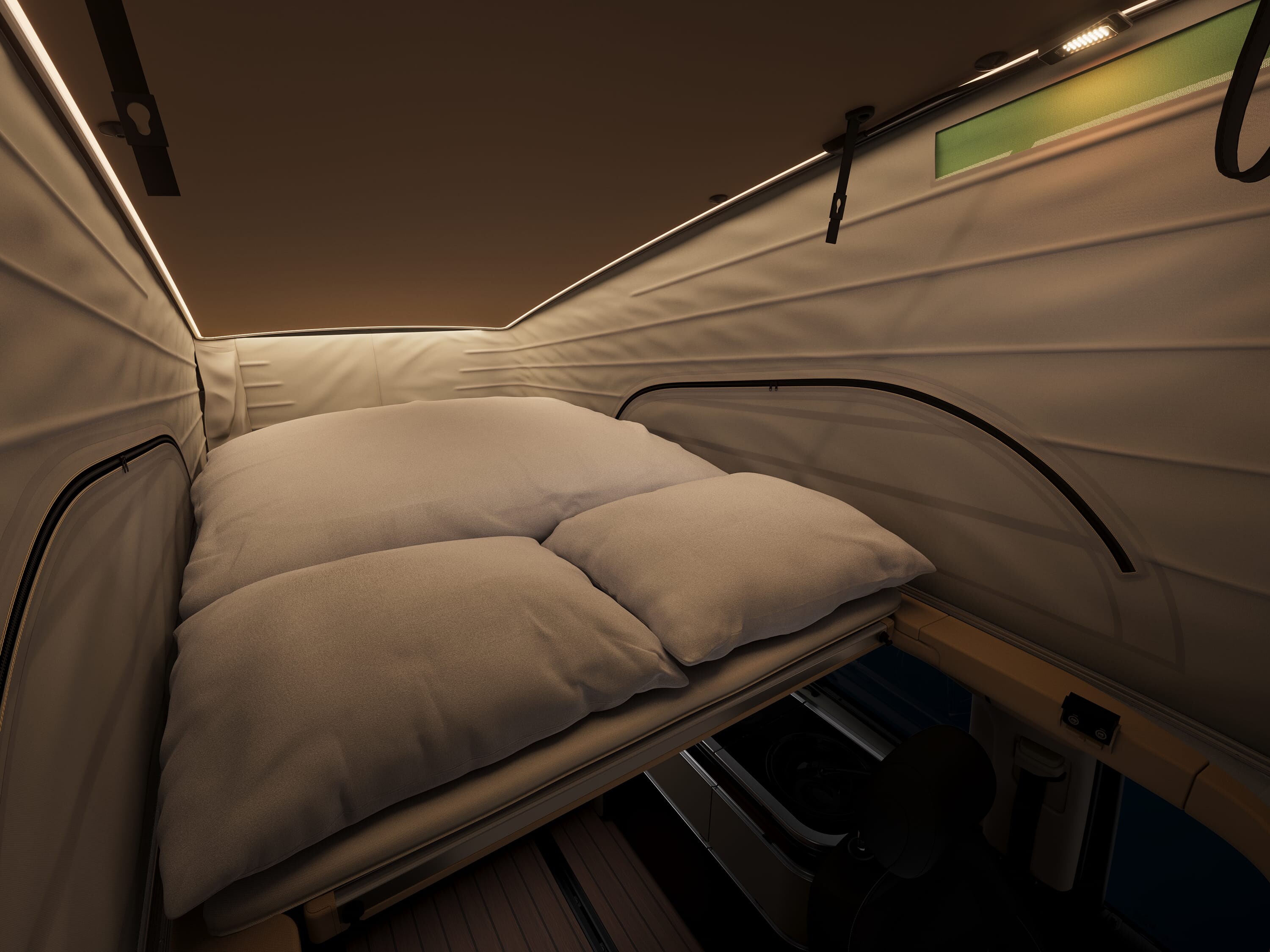 Schlafbereich im Mercedes-Benz Marco Polo mit bequemem Bett im Innenraum des Aufstelldachs.