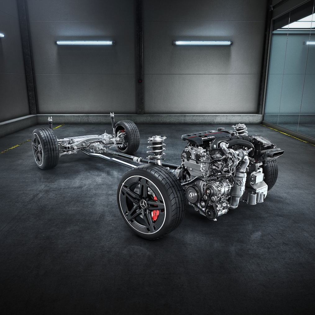 Das Fahrwerk mit Antriebsstrang des Mercedes-AMG CLA 45 S 4MATIC+ Coupés.