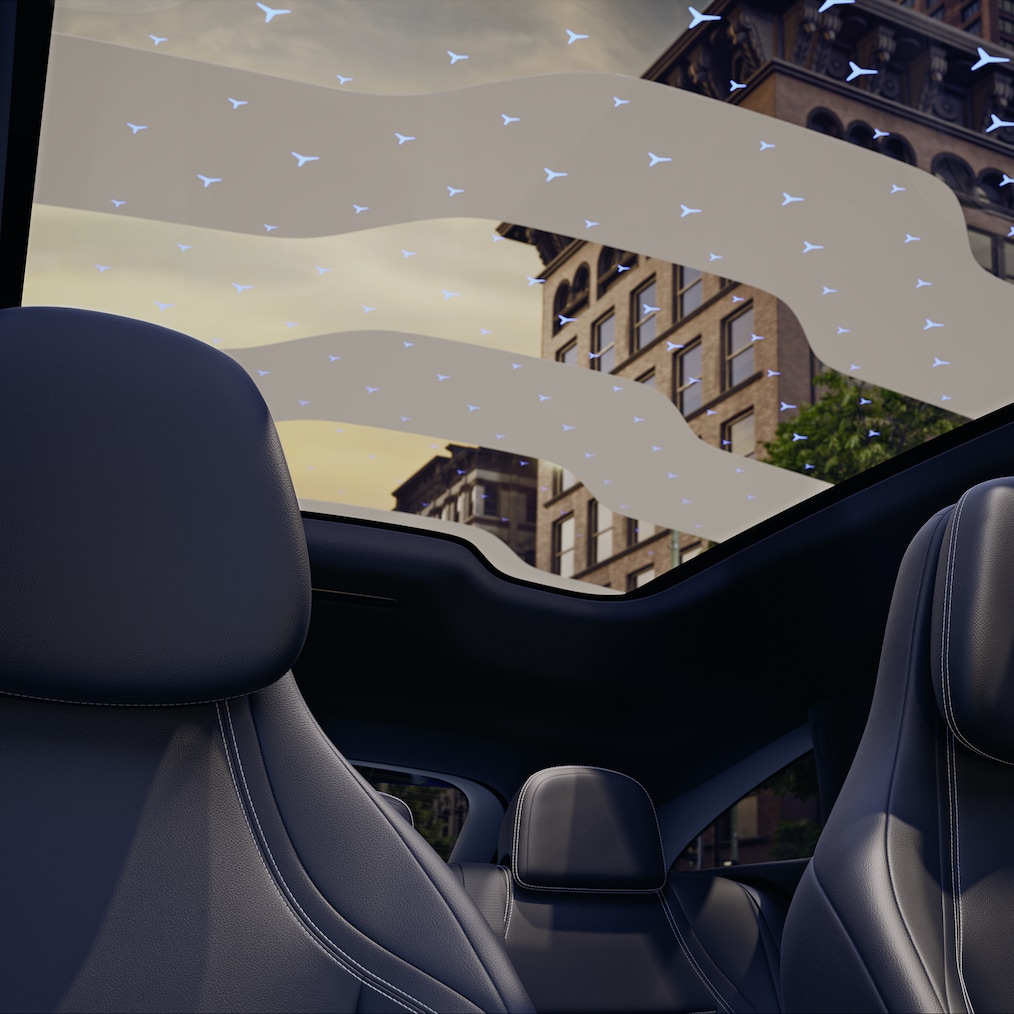 Vogelperspektive des SKY CONTROL Panoramadachs mit beleuchtetem Muster.