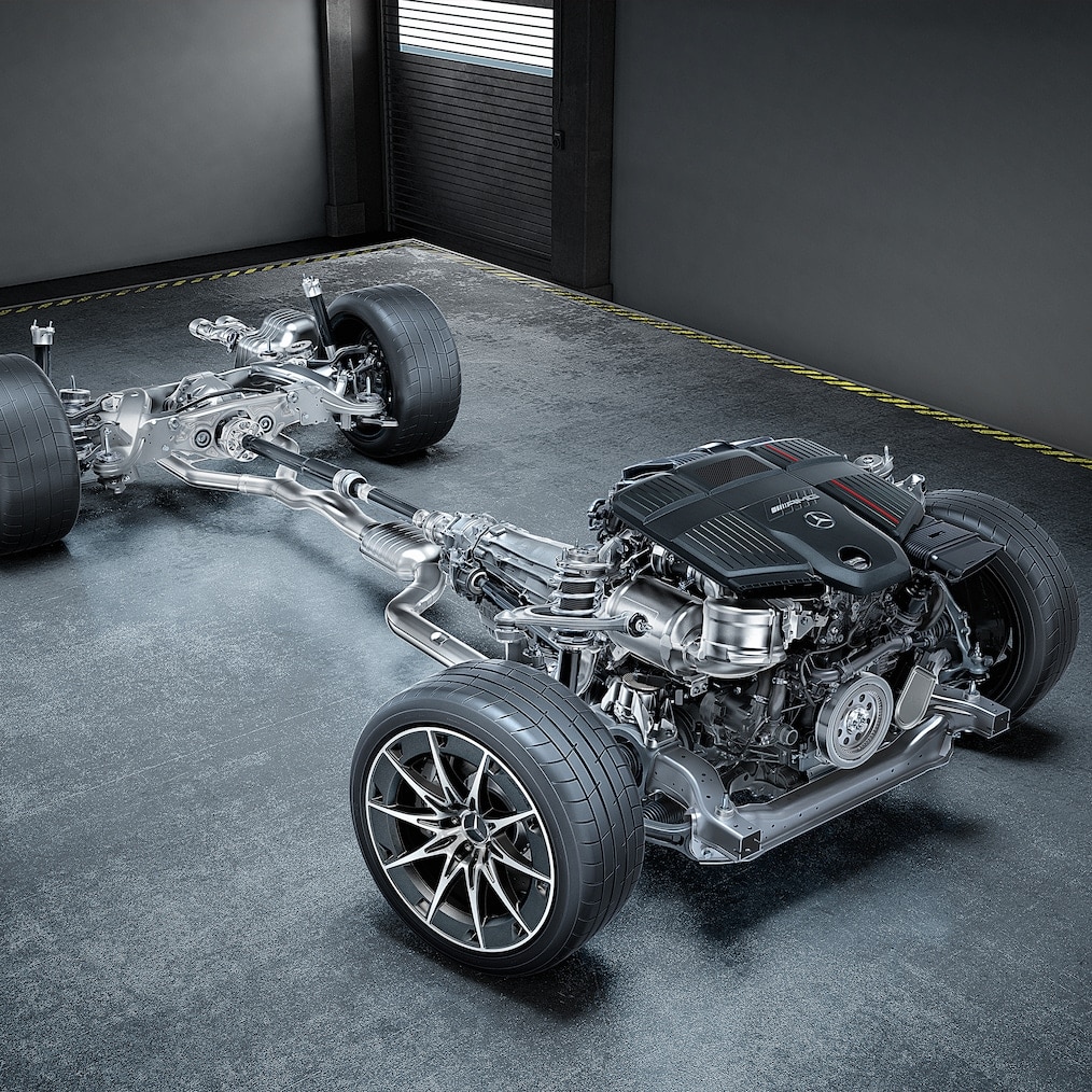 Blick auf den Antriebsstrang mit 3,0-Liter-Reihen-6-Zylinder-Motor und AMG Performance 4MATIC+.