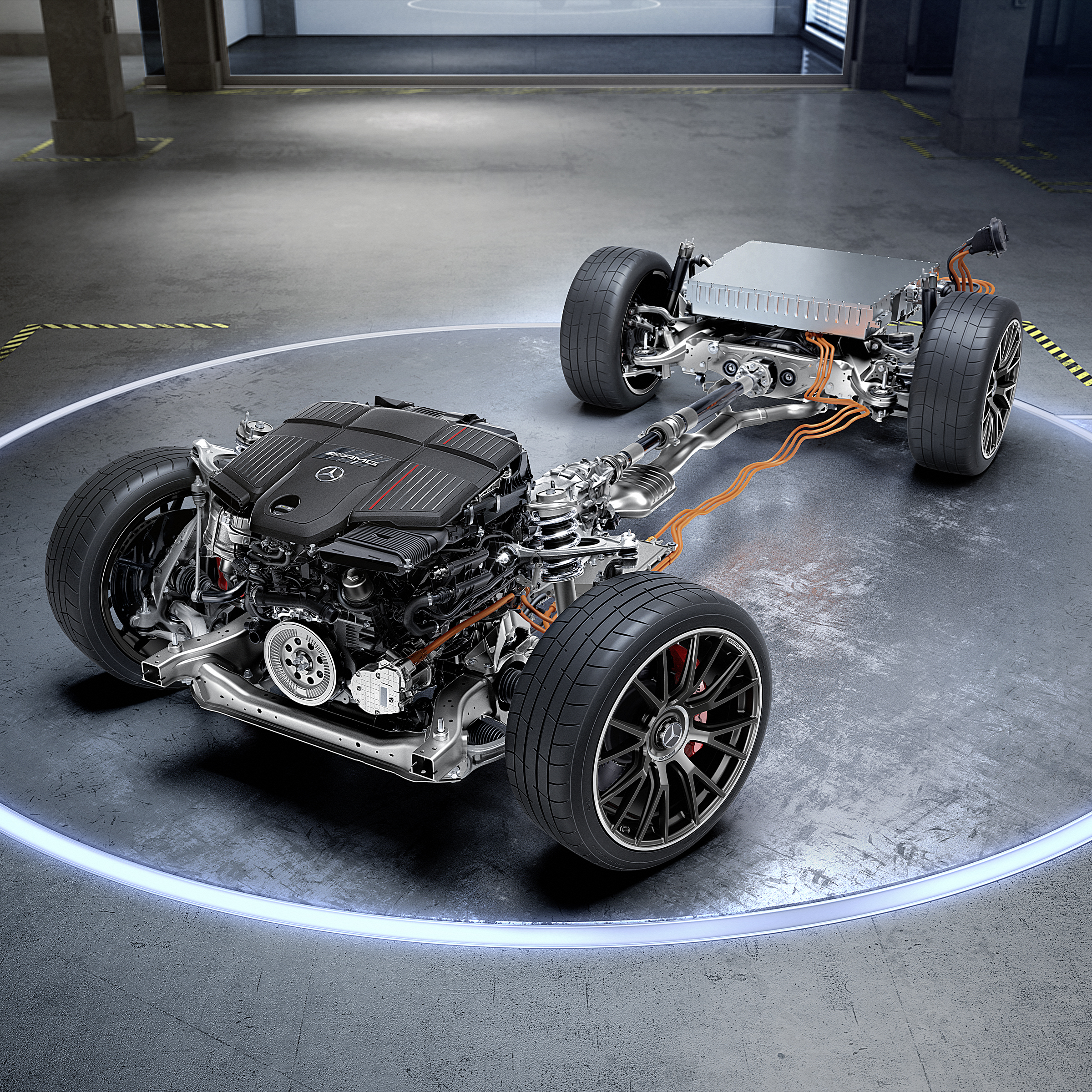 Das Fahrwerk mit AMG Antriebsstrang des Mercedes-AMG E 53 HYBRID 4MATIC+.