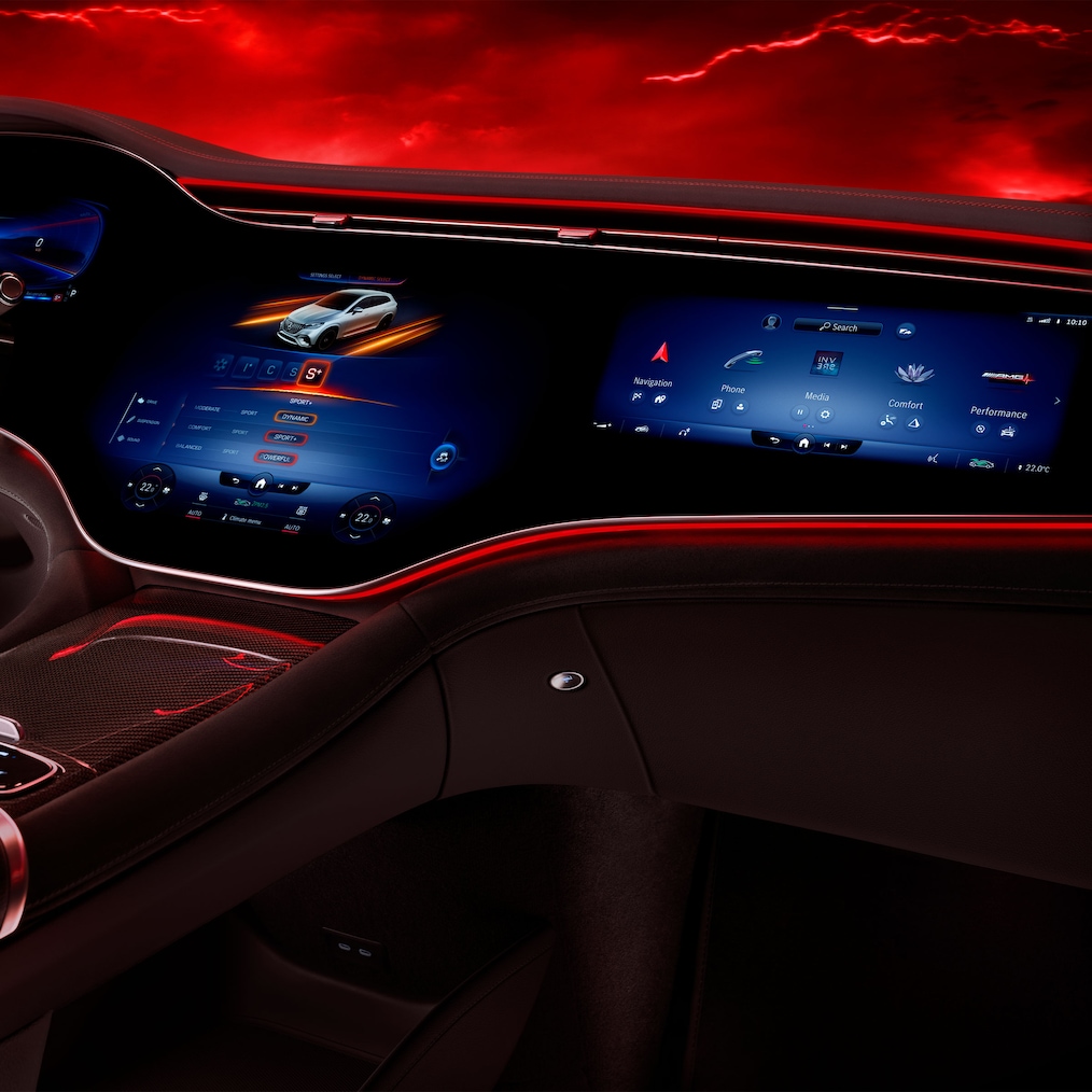 Der MBUX Hyperscreen im Mercedes-AMG EQE 53 4MATIC+ SUV.