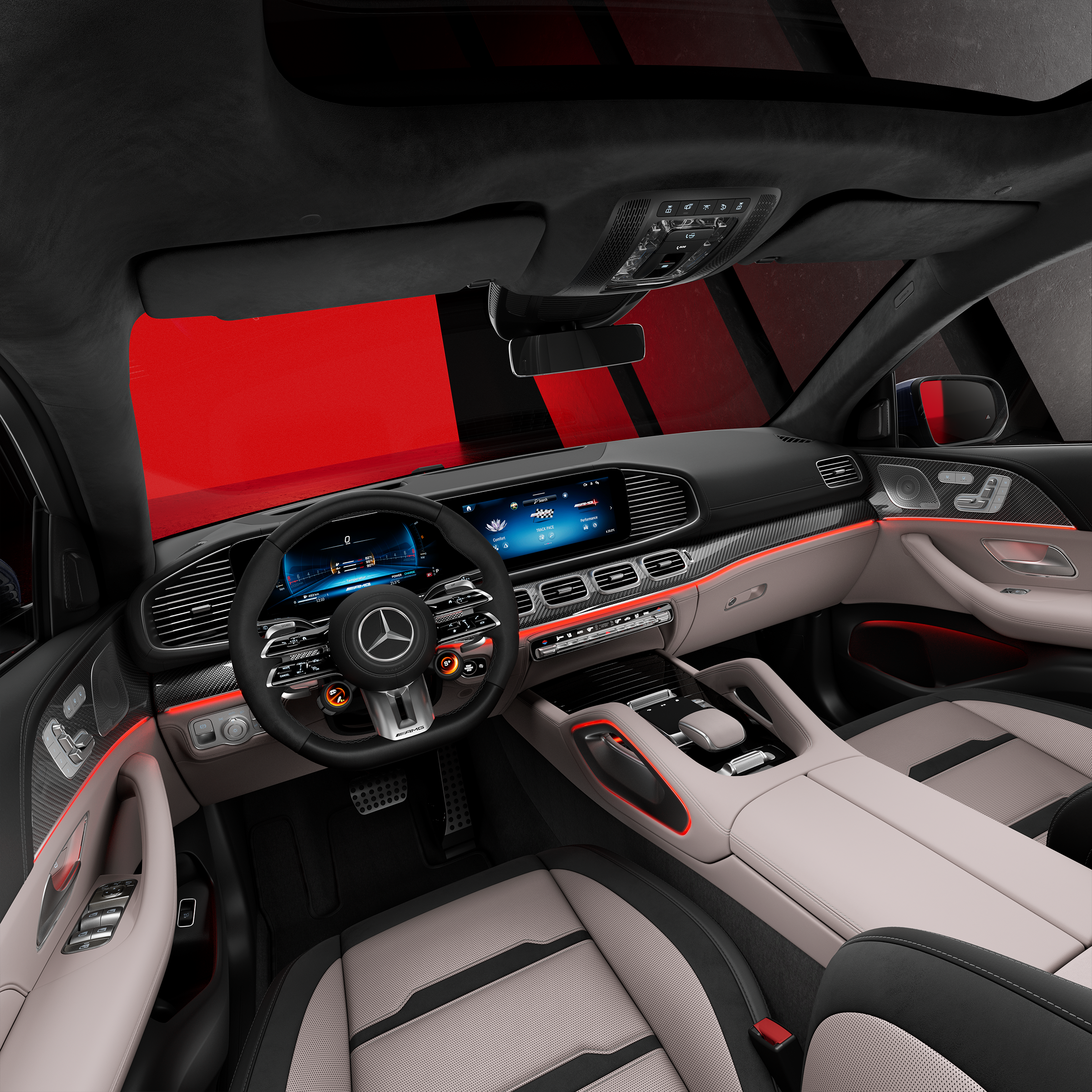 Seitenansicht der Vordersitze und des Cockpits eines Mercedes-AMG GLE 53 Coupés.