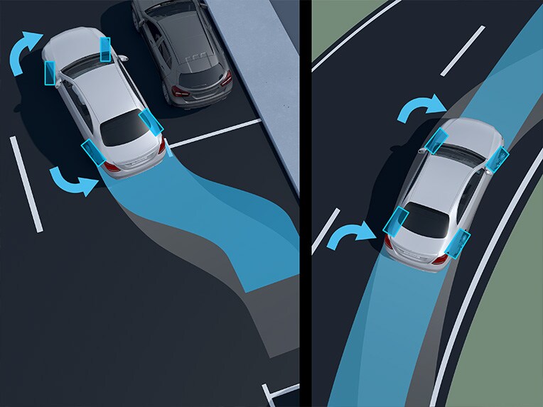Eine Illustration der Funktionsweisen der Hinterachslenkung der Mercedes-Maybach S-Klasse.