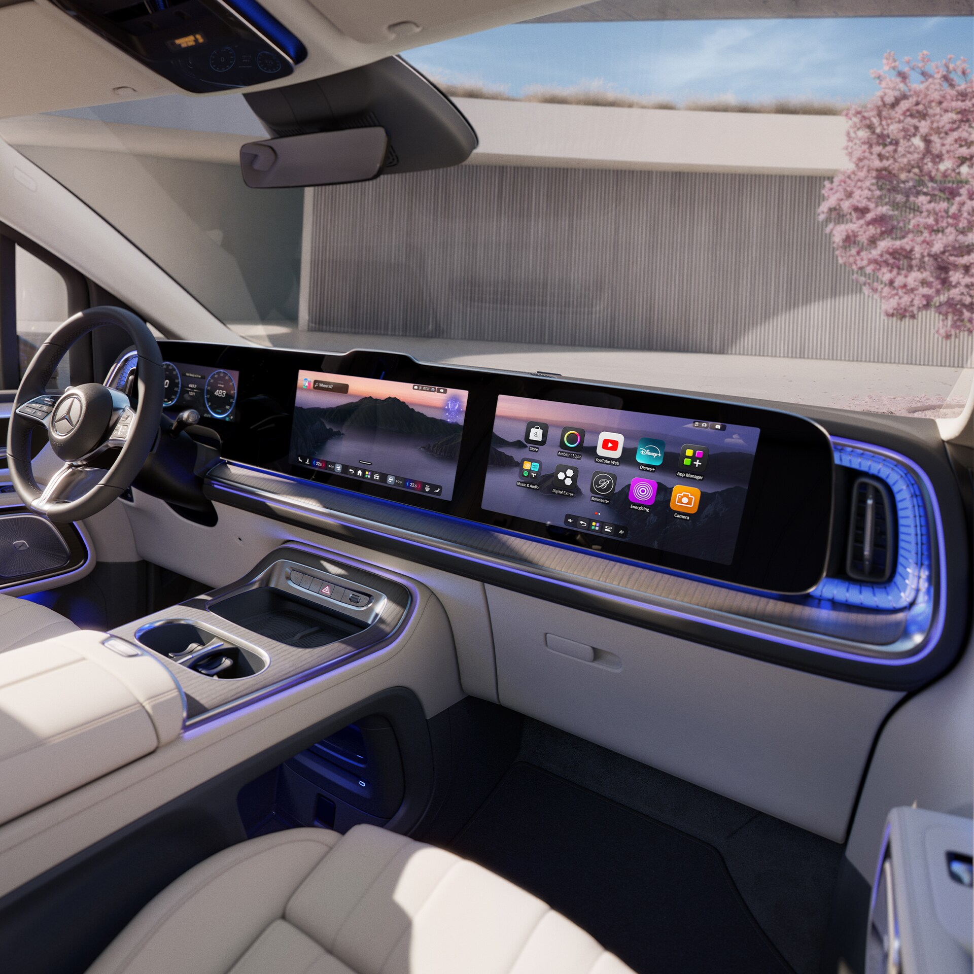 Das stilvolle, von Möbeln inspirierte Cockpit mit drei Displays.