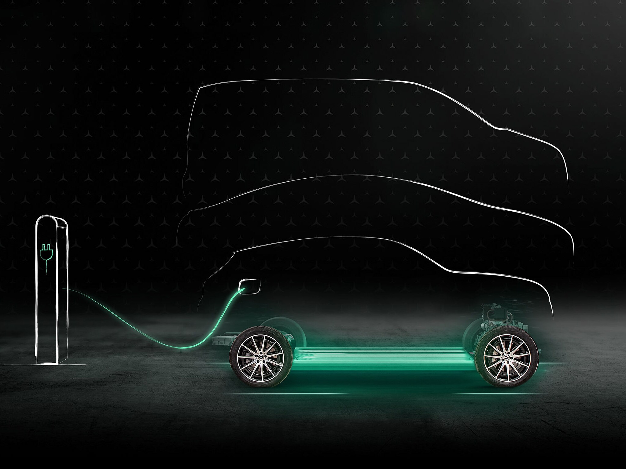 Schemenhaft dargestellte Mercedes-EQ Modelle an einer Ladesäule