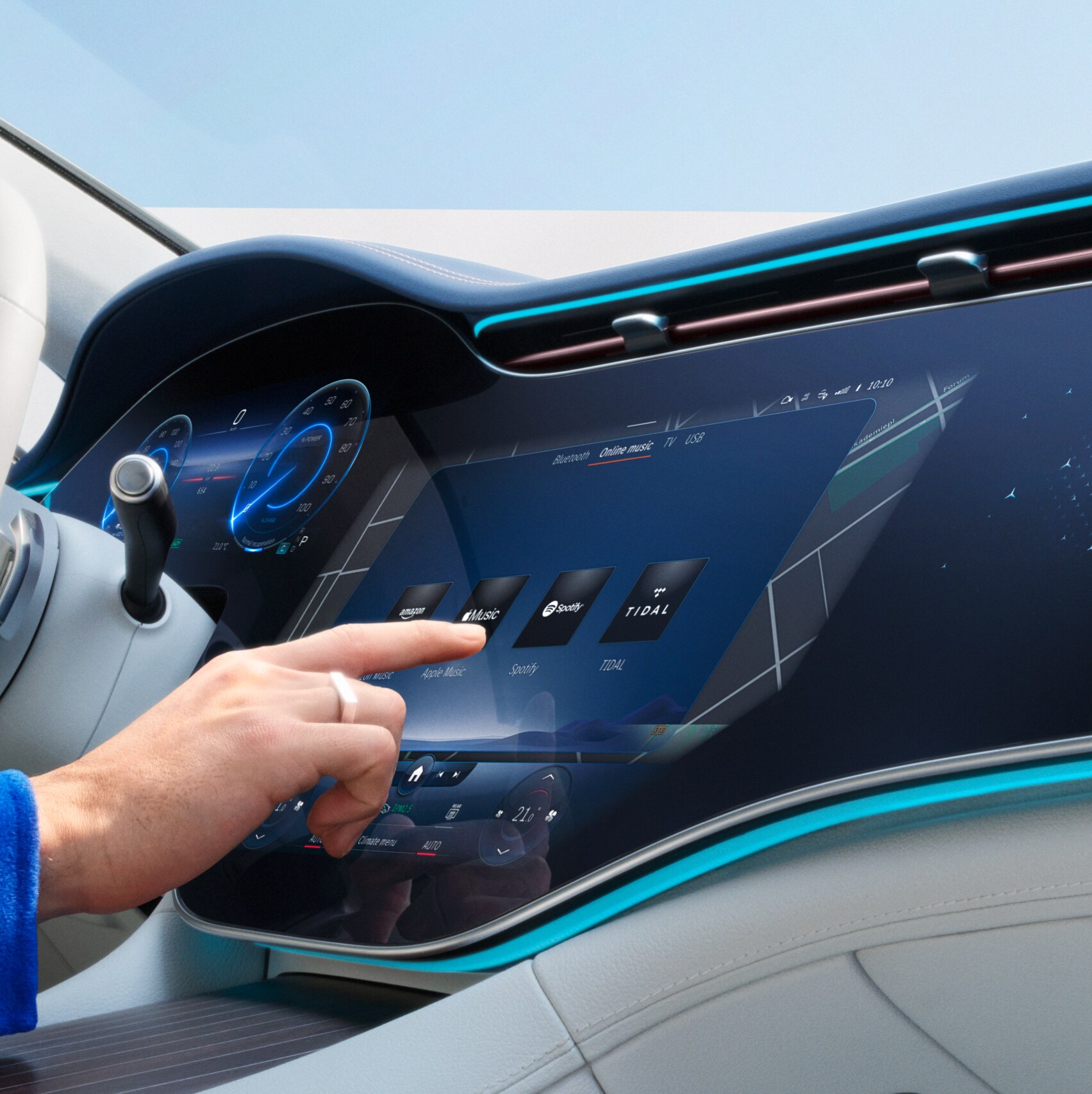 Auf dem Bildschirm des MBUX Multimediasystems in einem Mercedes-Benz werden Digitale Extras ausgewählt.