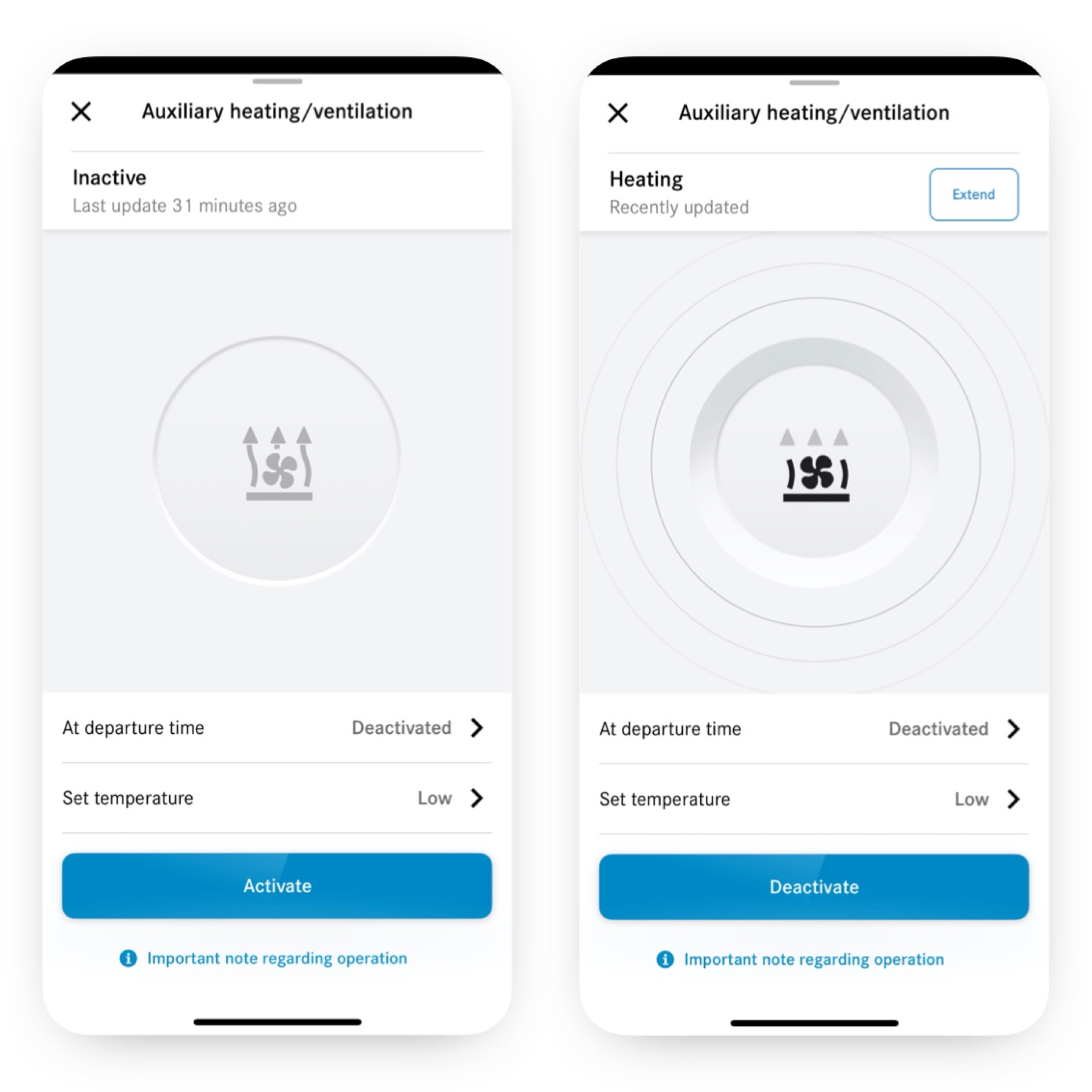 Programmierung Standheizung/-belüftung | Remote | Mercedes me Auf einem Smartphone wird mit dem Digitalen Extra Programmierung Standheizung/-belüftung die Klimatisierung eingestellt.