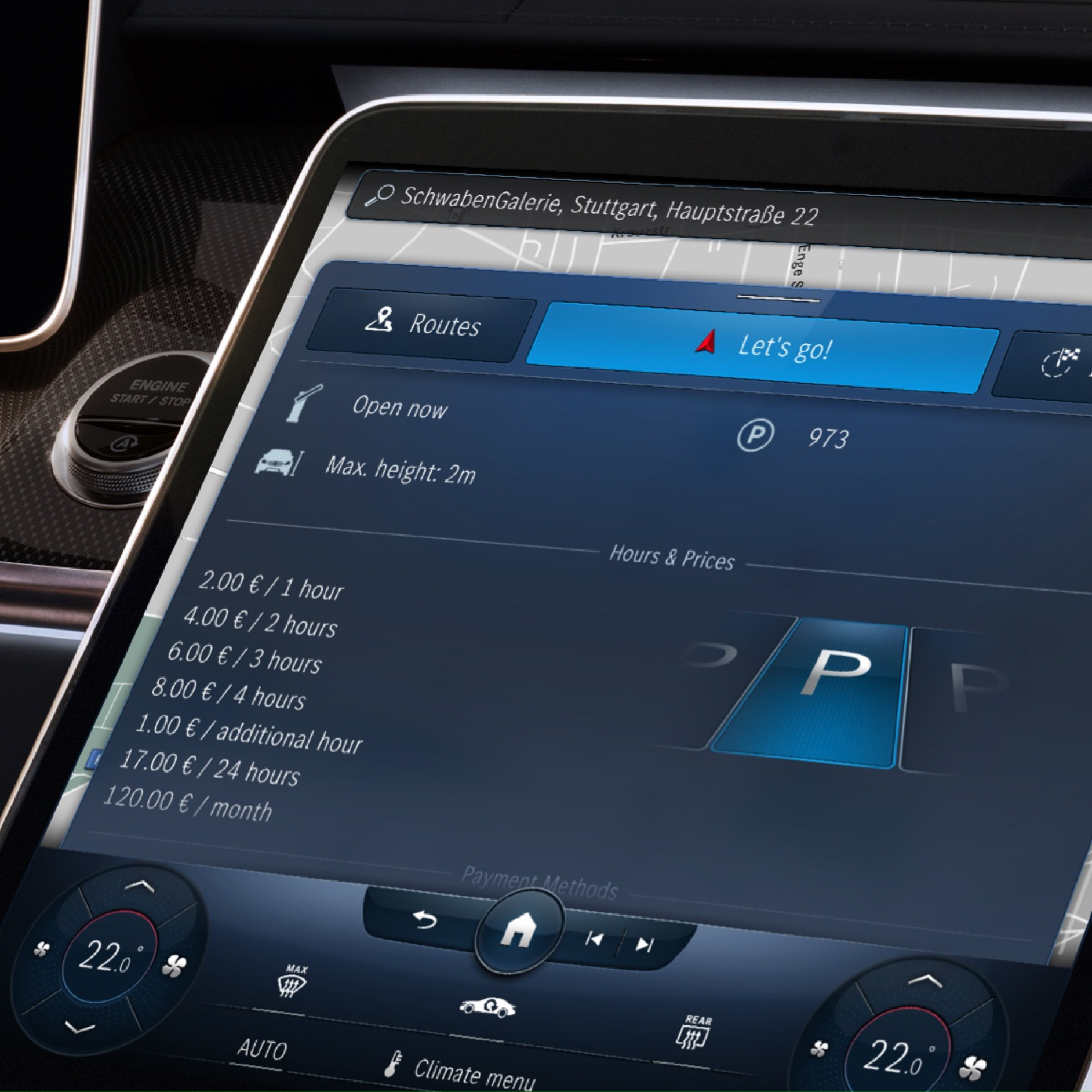 Parken für Navigation | Navigation | Mercedes me Das MBUX Multimediasystem zeigt dank des Digitalen Extras Parken für Navigation verfügbare Parkplätze und deren Preise.