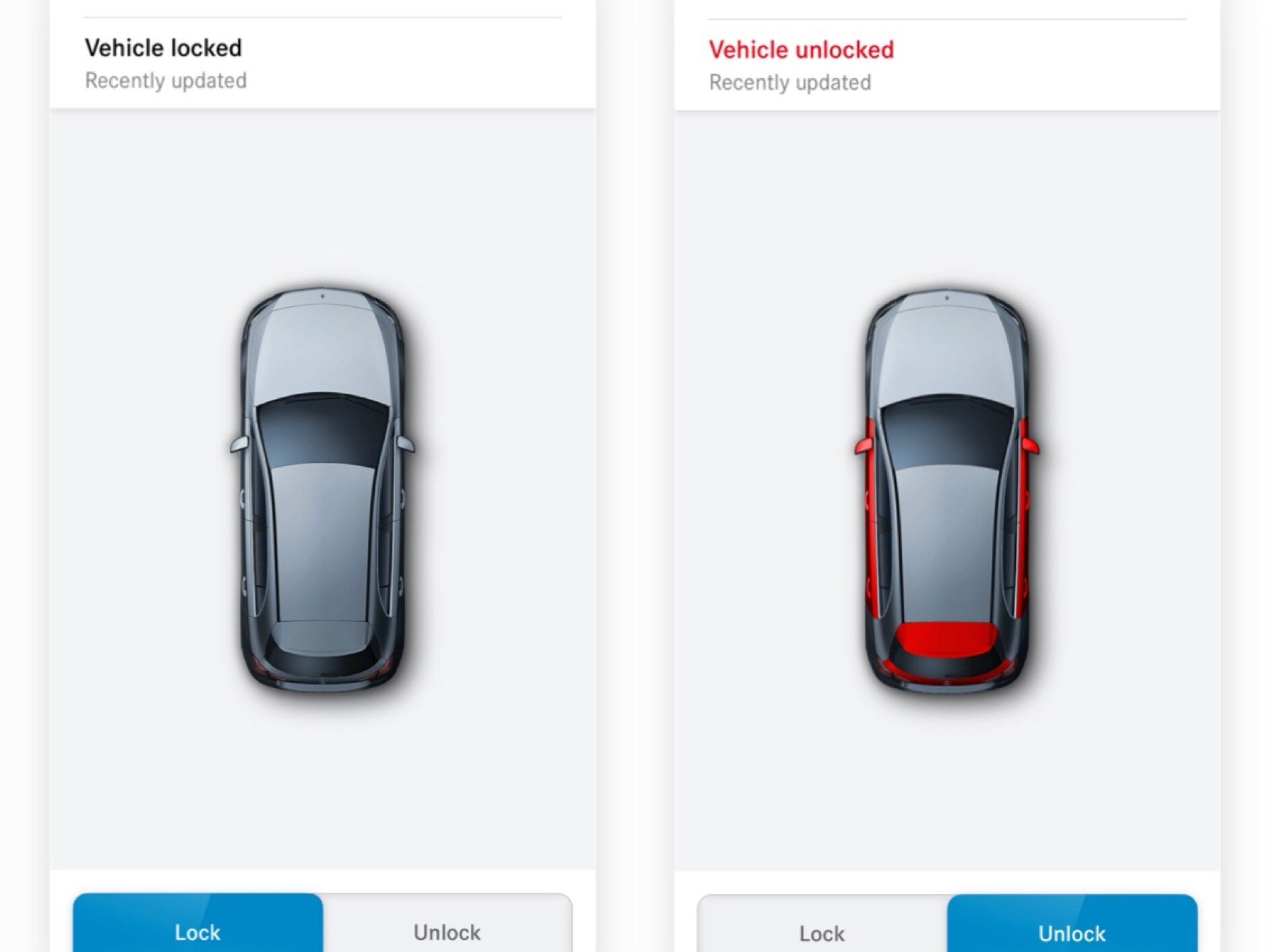 Auf einem Smartphone sind die verschiedenen Screens zu sehen, die angezeigt werden, wenn das Digitale Extra Türfernschließung und -entriegelung feststellt, dass nicht alle Türen verriegelt sind.