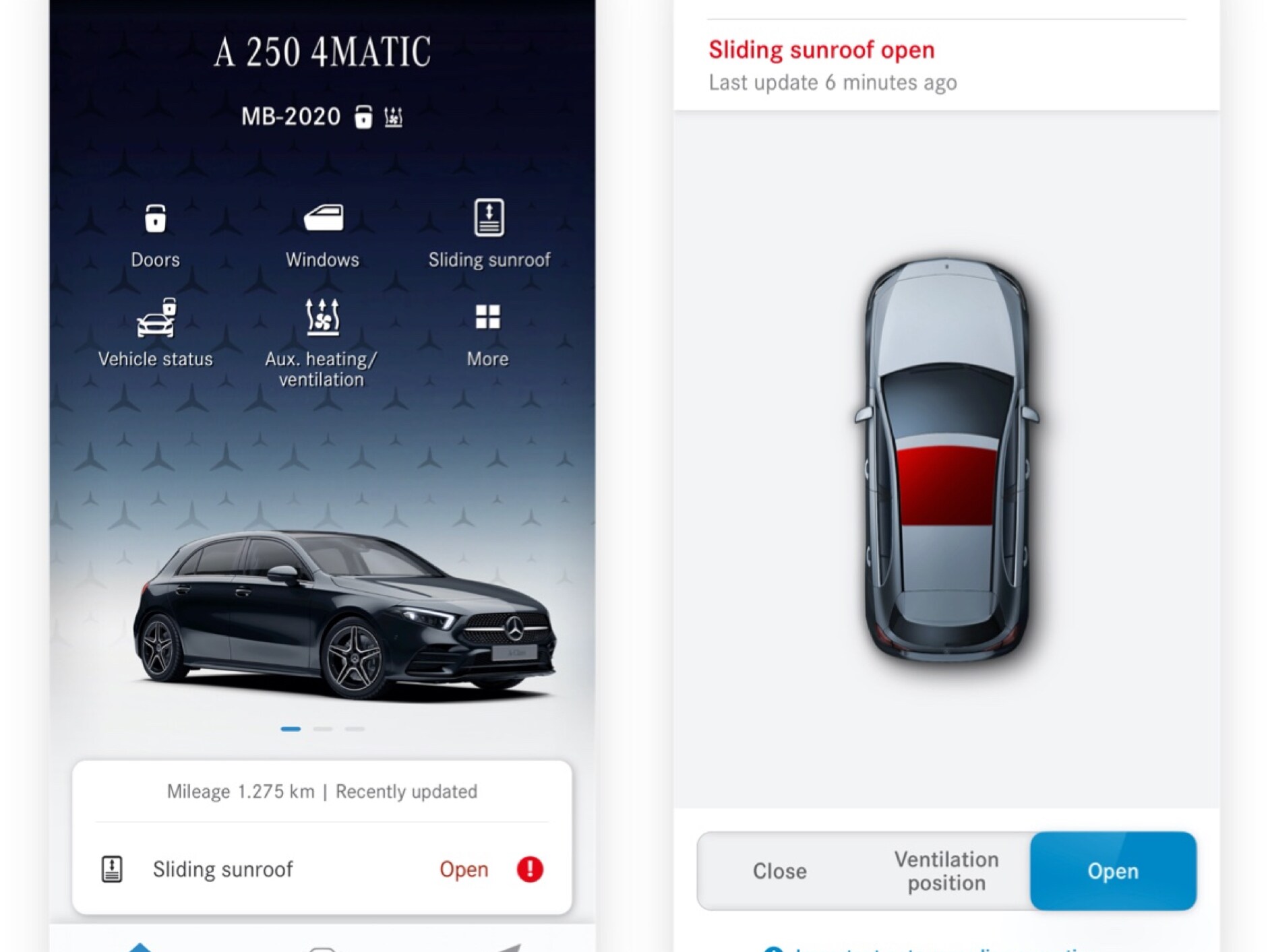 Auf einem Smartphone sind die verschiedenen Screens zu sehen, die angezeigt werden, wenn das Digitale Extra Fernsteuerung Fenster und Schiebedach feststellt, dass das Schiebedach nicht verriegelt ist.