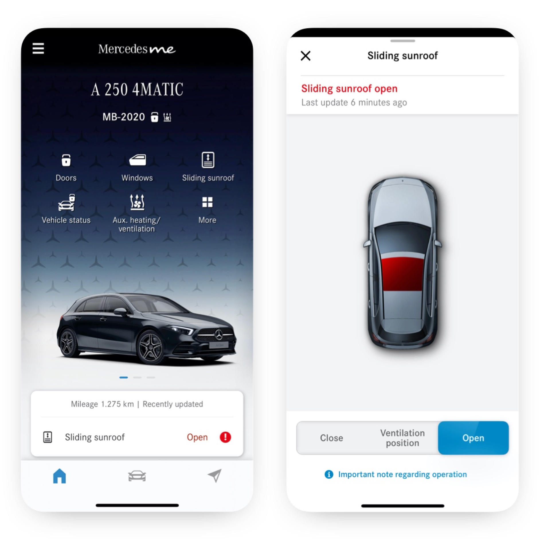 Fernsteuerung Fenster/Schiebedach | Remote | Mercedes me Auf einem Smartphone sind die verschiedenen Screens zu sehen, die angezeigt werden, wenn das Digitale Extra Fernsteuerung Fenster und Schiebedach feststellt, dass das Schiebedach nicht verriegelt ist.
