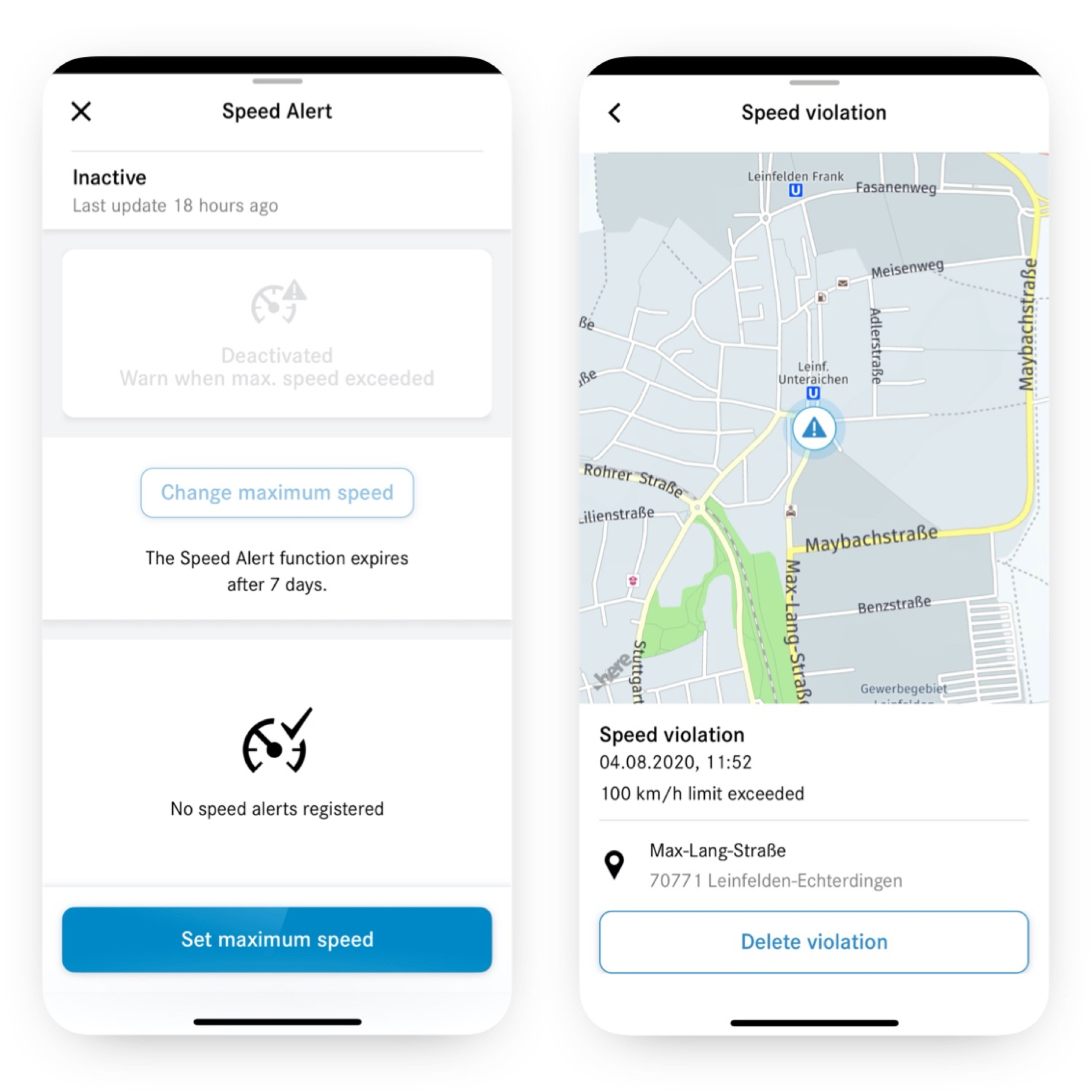 Benachrichtigung bei Überschreitung der Fahrgeschwindigkeit | Remote | Mercedes me Auf einem Smartphone sind die verschiedenen Screens zu sehen, die erscheinen, wenn das Digitale Extra Benachrichtigung bei Überschreitung der Fahrgeschwindigkeit aktiviert ist und einen Verstoß feststellt.