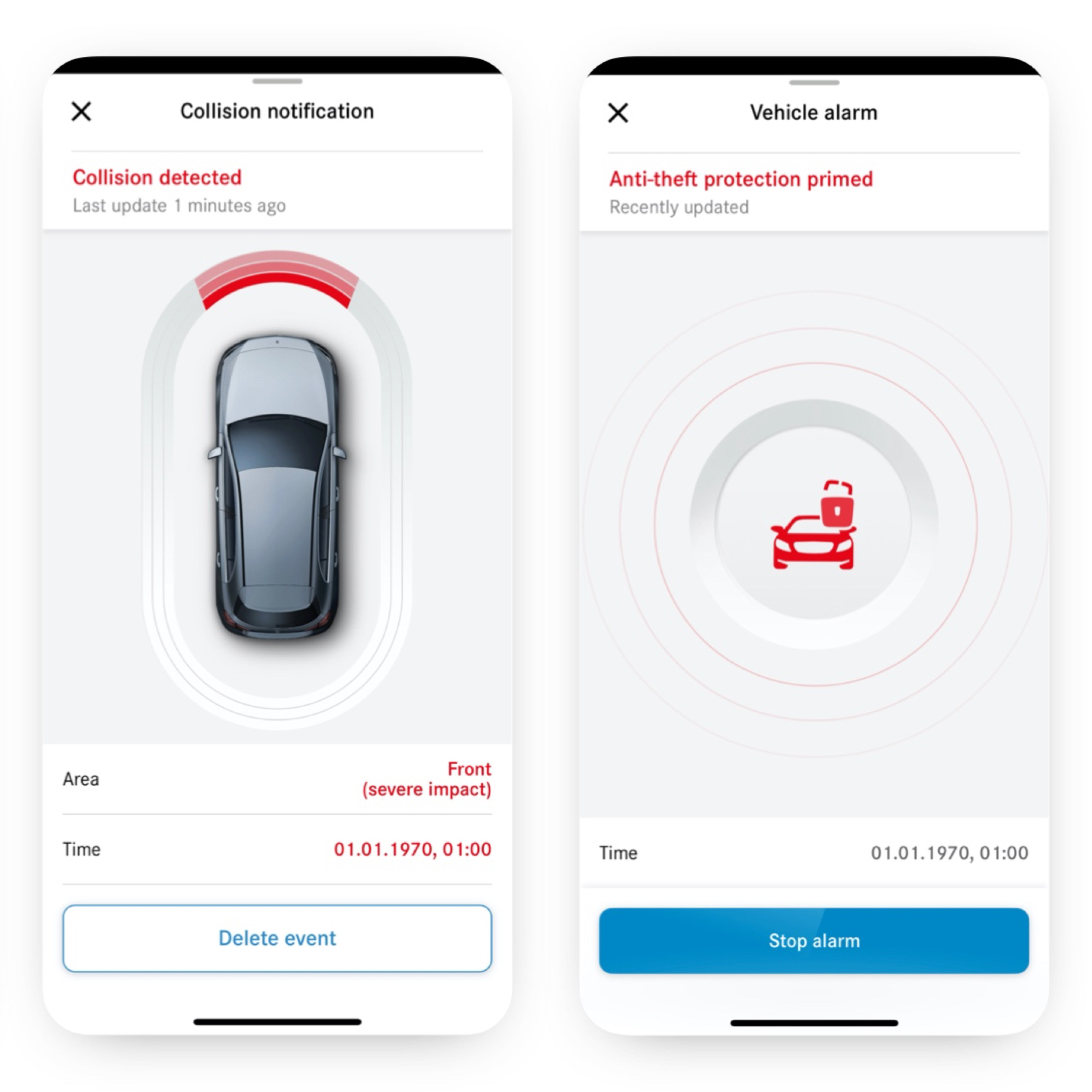 Diebstahl- und Parkschadenbenachrichtigung | Remote | Mercedes me Auf einem Smartphone wird mit dem Digitalen Extra Diebstahl- und Parkschadenbenachrichtigung angezeigt, dass eine Kollision stattgefunden hat.