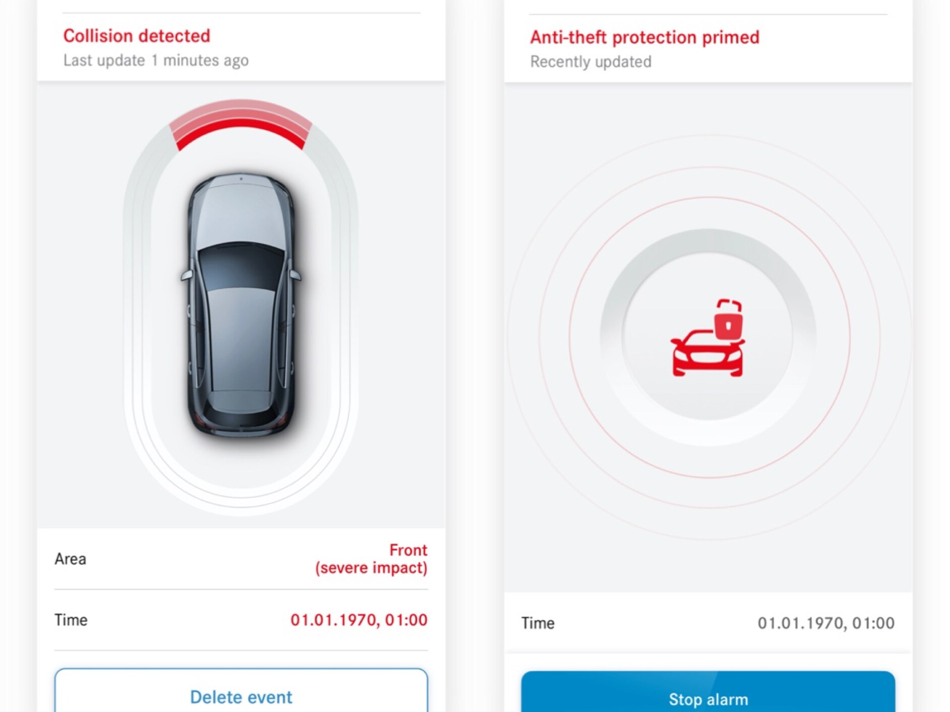 Auf einem Smartphone wird mit dem Digitalen Extra Diebstahl- mit Parkschadenbenachrichtigung angezeigt, dass eine Kollision stattgefunden hat.