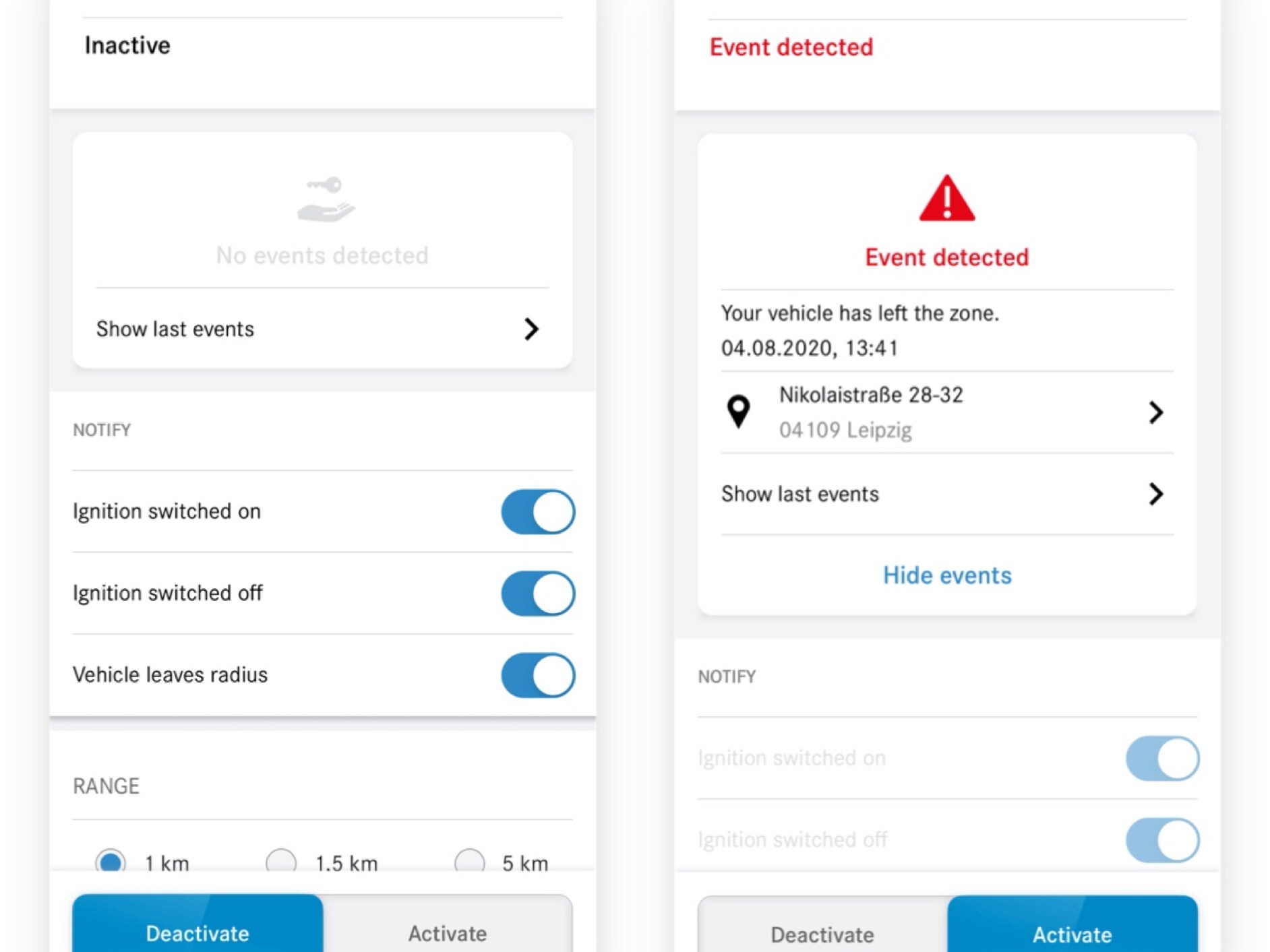 Auf einem Smartphone sind die verschiedenen Screens zu sehen, die erscheinen, wenn das Digitale Extra Fernsteuerung Parkdienstmodus einen Verstoß feststellt. 