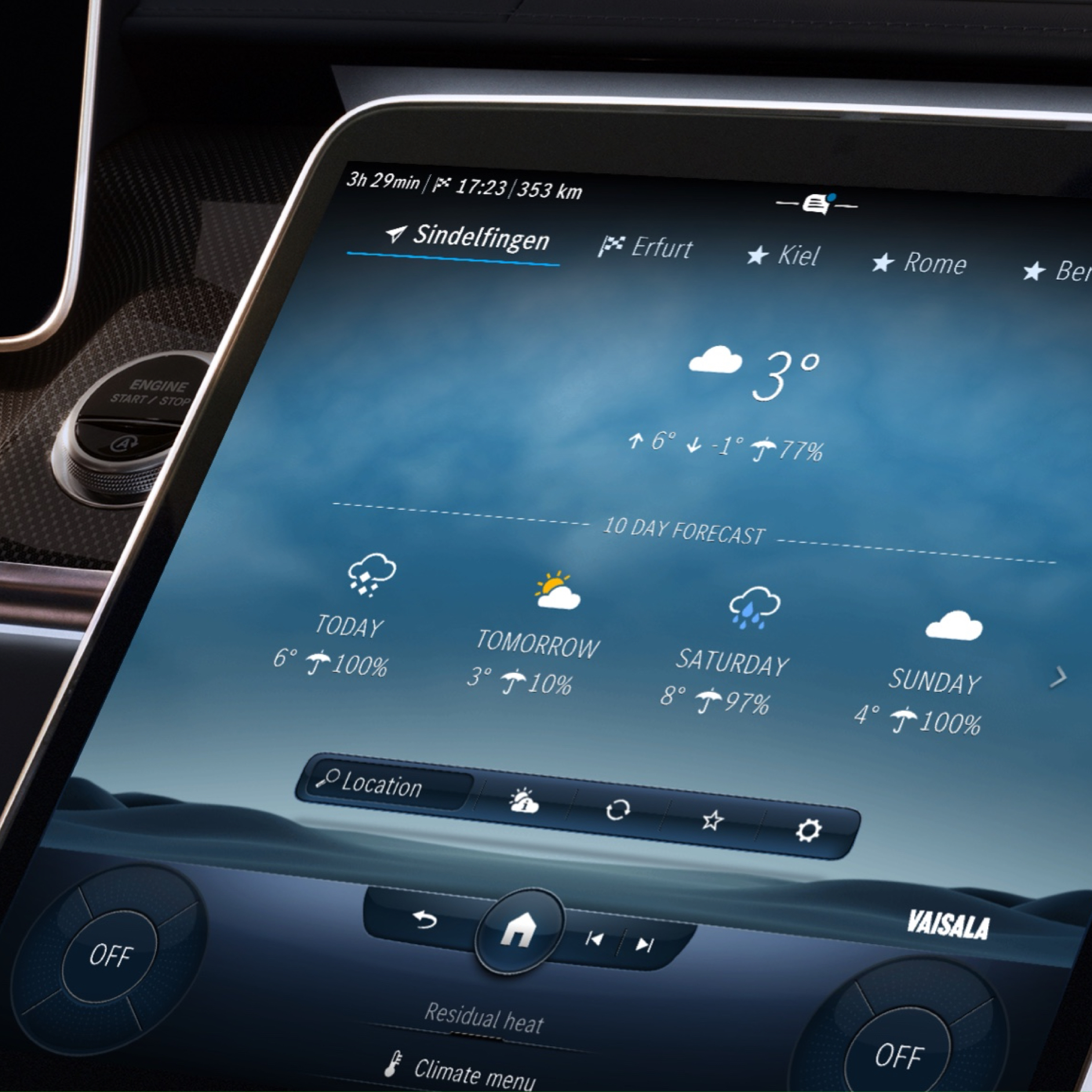 Wettervorhersage | Excellence Paket | Mercedes-Benz Das Wetter am Zielort wird dank des Digitalen Extras Wettervorhersage auf dem Bildschirm des MBUX Multimediasystems angezeigt.