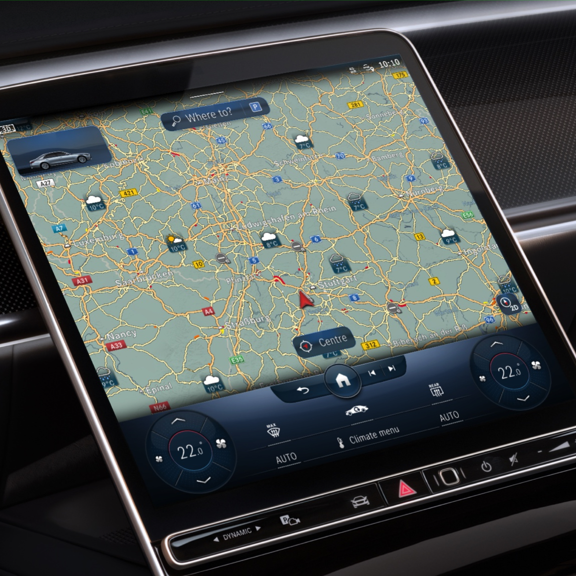 Wetterkarte | Navigation | Mercedes me Das MBUX Multimediasystem zeigt dank des Digitalen Extras Wetterkarte das voraussichtliche Wetter in der Zielregion.
