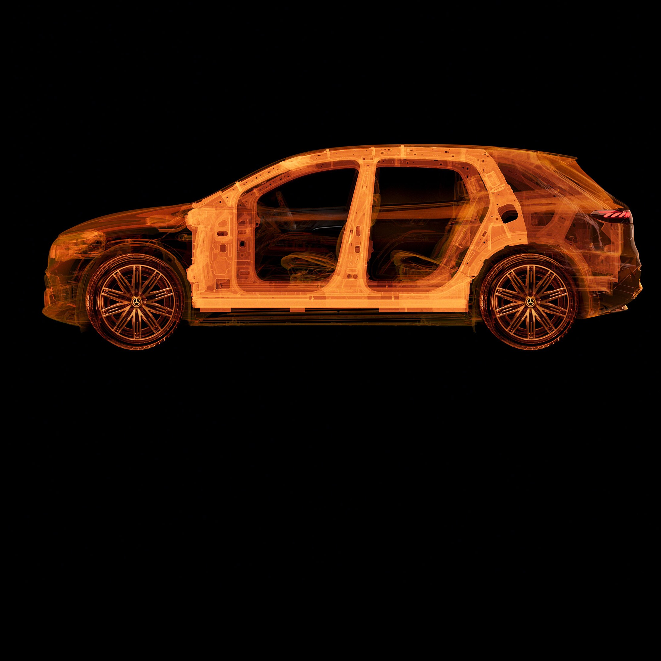 Transparente Seitenansicht eines Mercedes-Benz Pkw, die die inneren Strukturen zeigt.