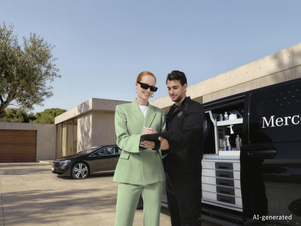 Ein Techniker von Mercedes-Benz Mobile Service prüft mit einem Kunden digitale Dokumente neben einem voll ausgestatteten mobilen Servicefahrzeug, während im Hintergrund ein Mercedes-Benz Fahrzeug vor einem modernen Haus geparkt ist.