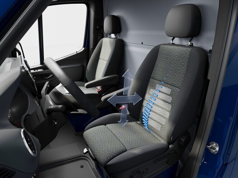 Der Fahrer- und Beifahrersitz mit Lordosenstütze im Mercedes-Benz Sprinter Pritschenfahrzeug.