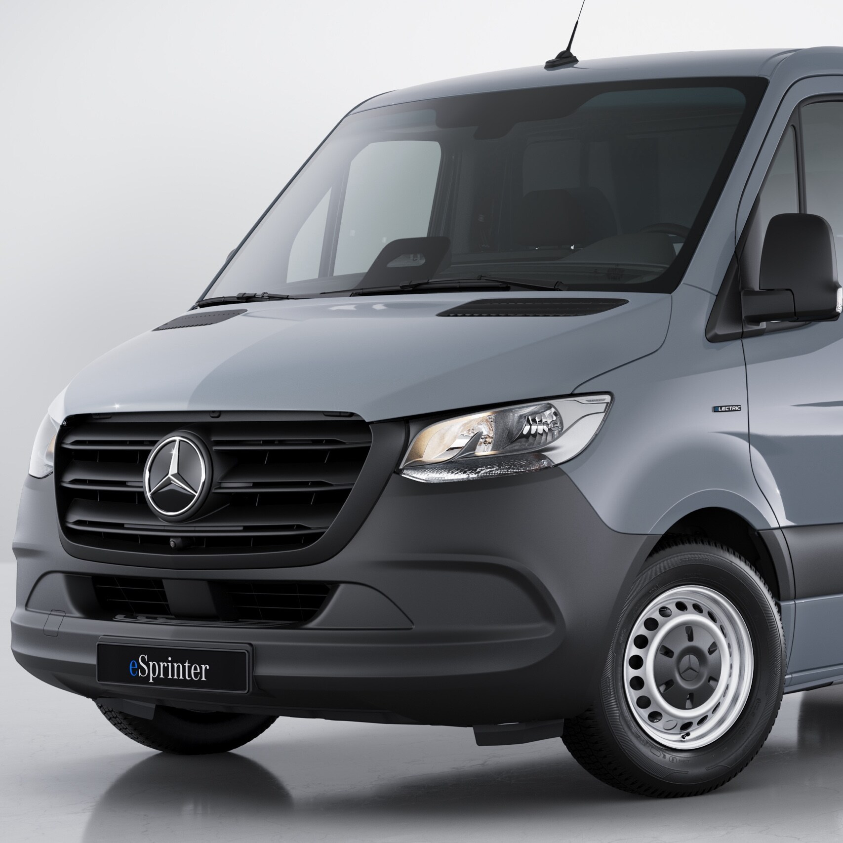 Das Mercedes-Benz eSprinter Fahrgestell in der Frontansicht.