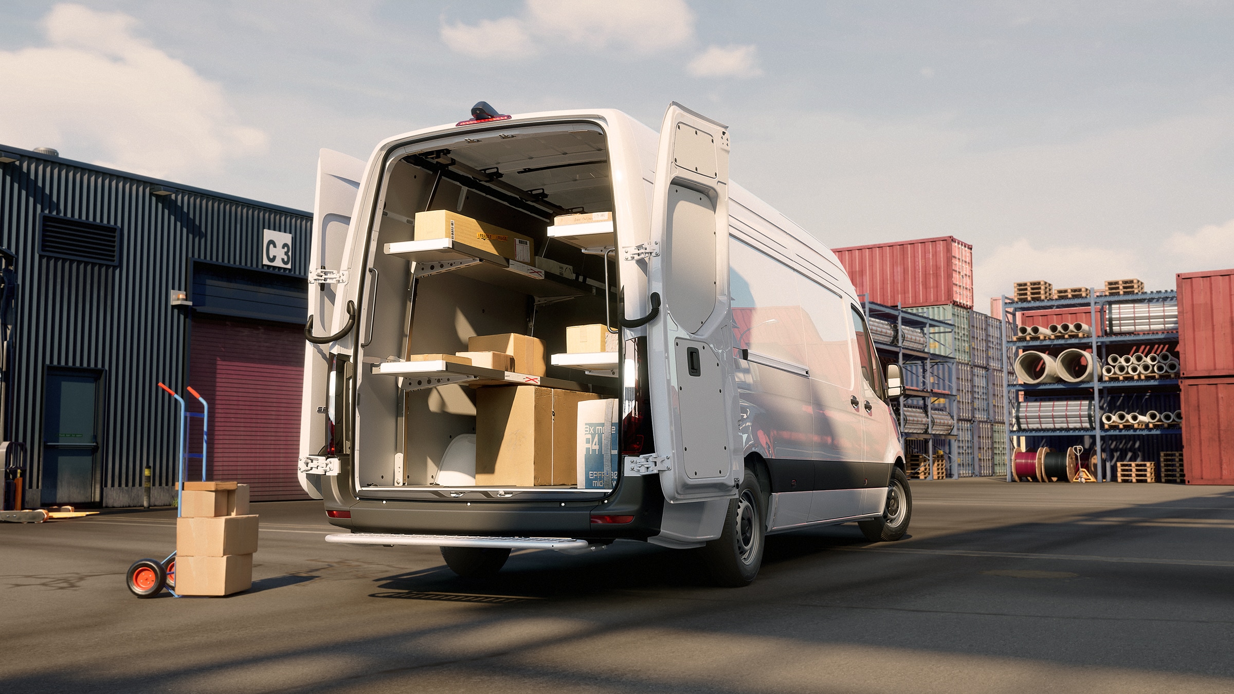 Sprinter Kastenwagen | Alle Sprinter-Modelle | Mercedes-Benz Transporter Mercedes‑Benz Sprinter mit durchdachtem Regal- und Ladesystem