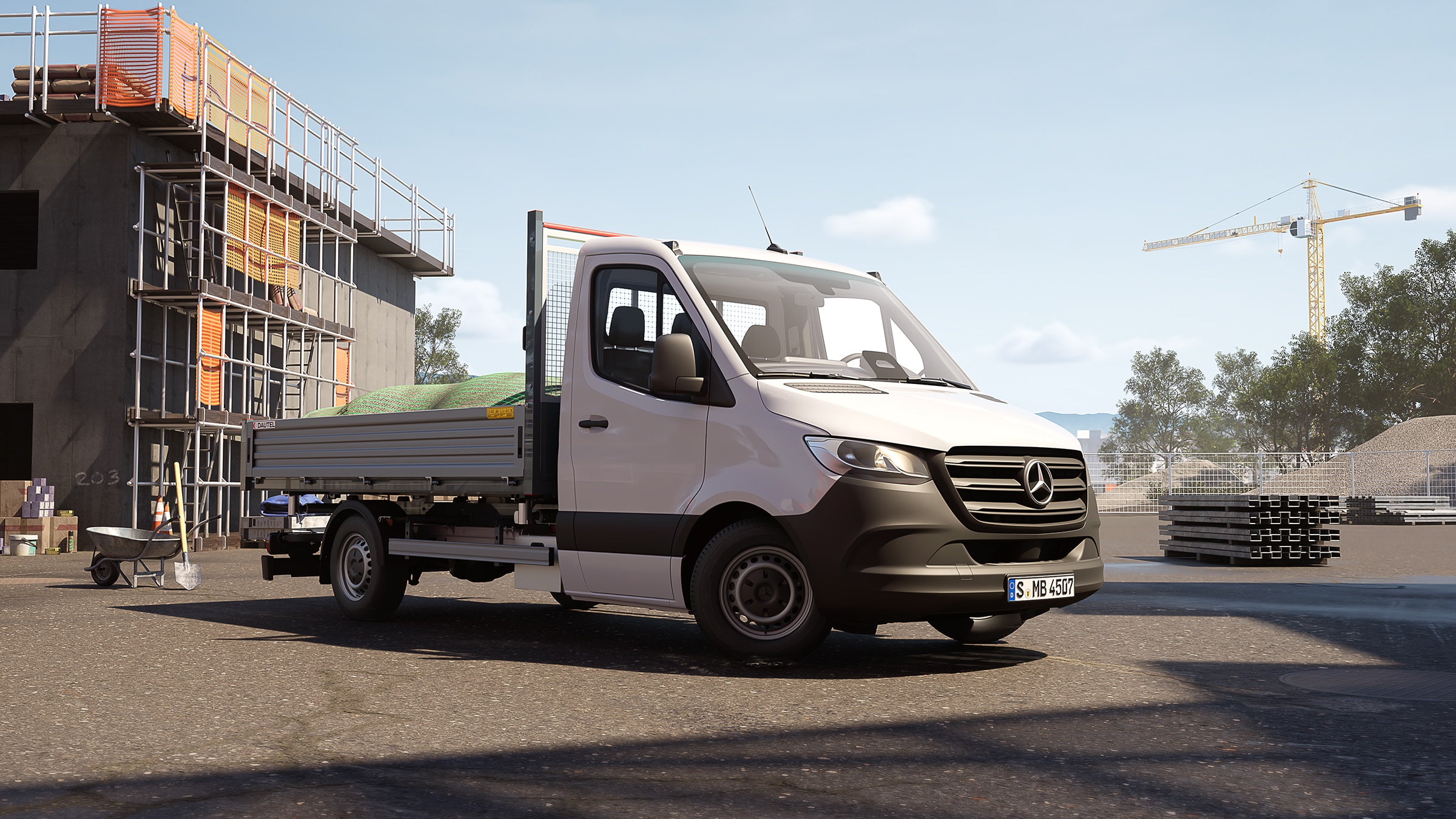 Sprinter Pritschenfahrzeug | Alle Sprinter-Modelle | Mercedes-Benz Transporter Das Sprinter Pritschenfahrzeug auf der Baustelle