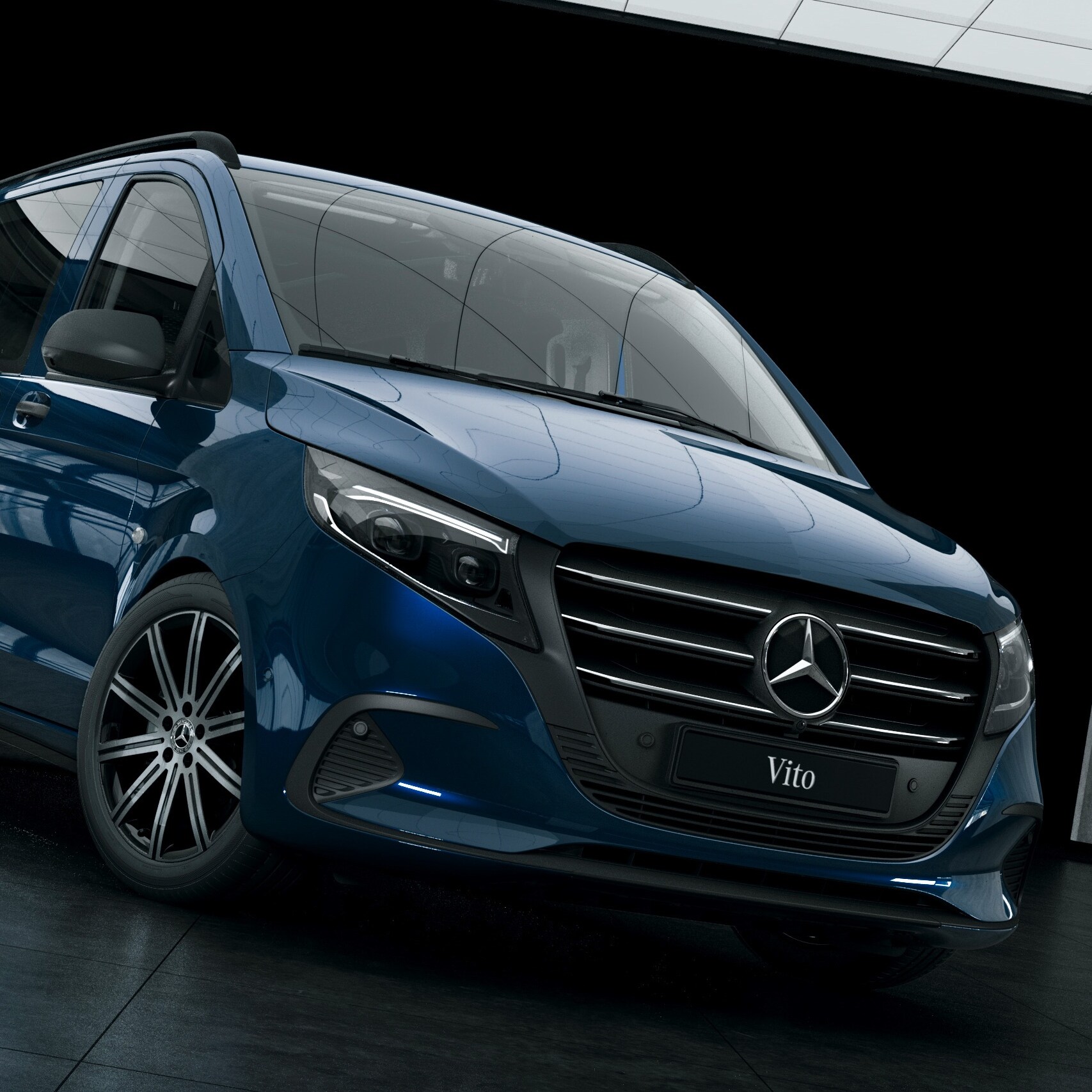 Der Mercedes-Benz Vito Tourer steht in einer Lagerhalle umgeben von Betonwänden.