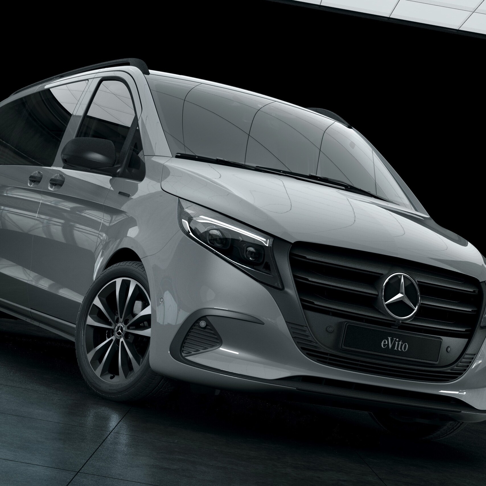 Der Mercedes-Benz eVito Tourer steht in einer Lagerhalle umgeben von Betonwänden