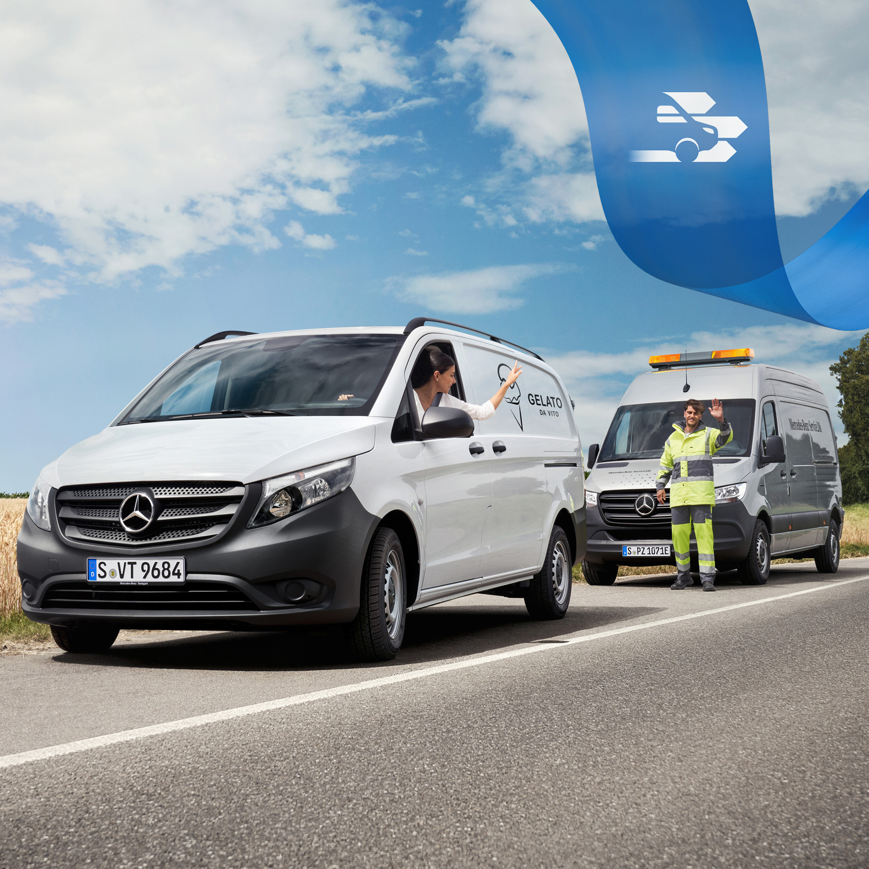 Mercedes-Benz | Transporterbetreuung | Service24h Kompetente Unterstützung in Sachen Betreuung: Der Mercedes-Benz Service hilft einem Transporterfahrer am Straßenrand, beide winken freundlich.