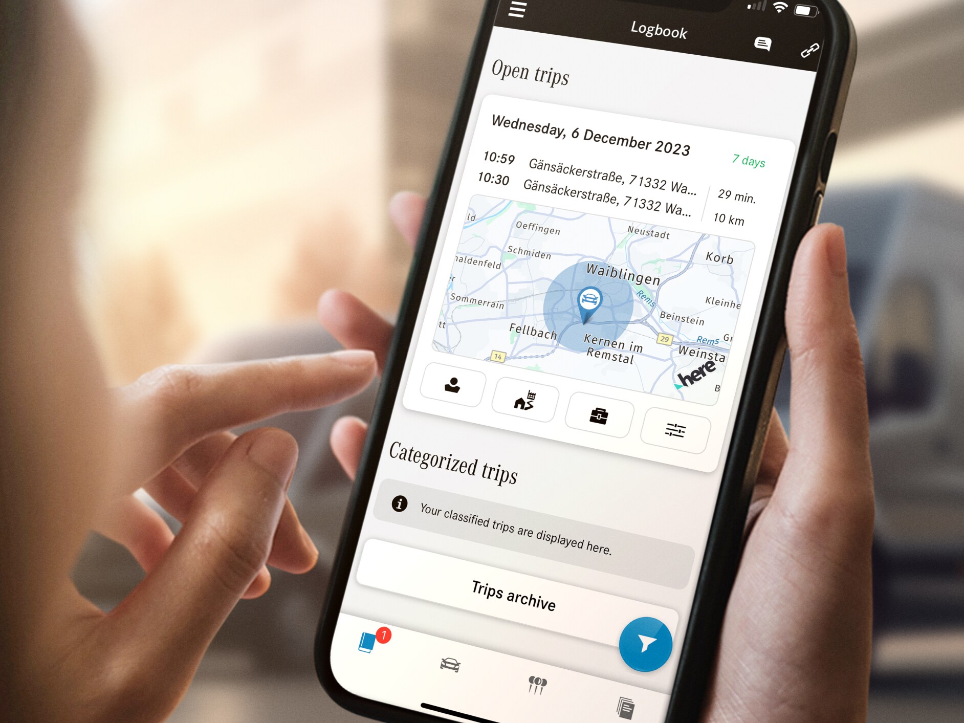 The Digital Logbook function from Mercedes-Benz on a smartphone.