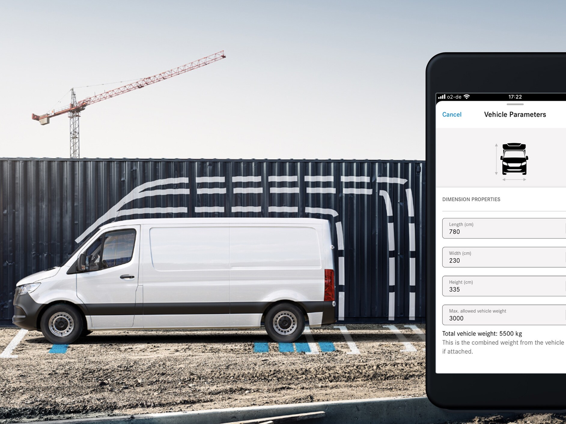 Graphical view of the vehicle dimensions in the Mercedes-Benz App on a smartphone.