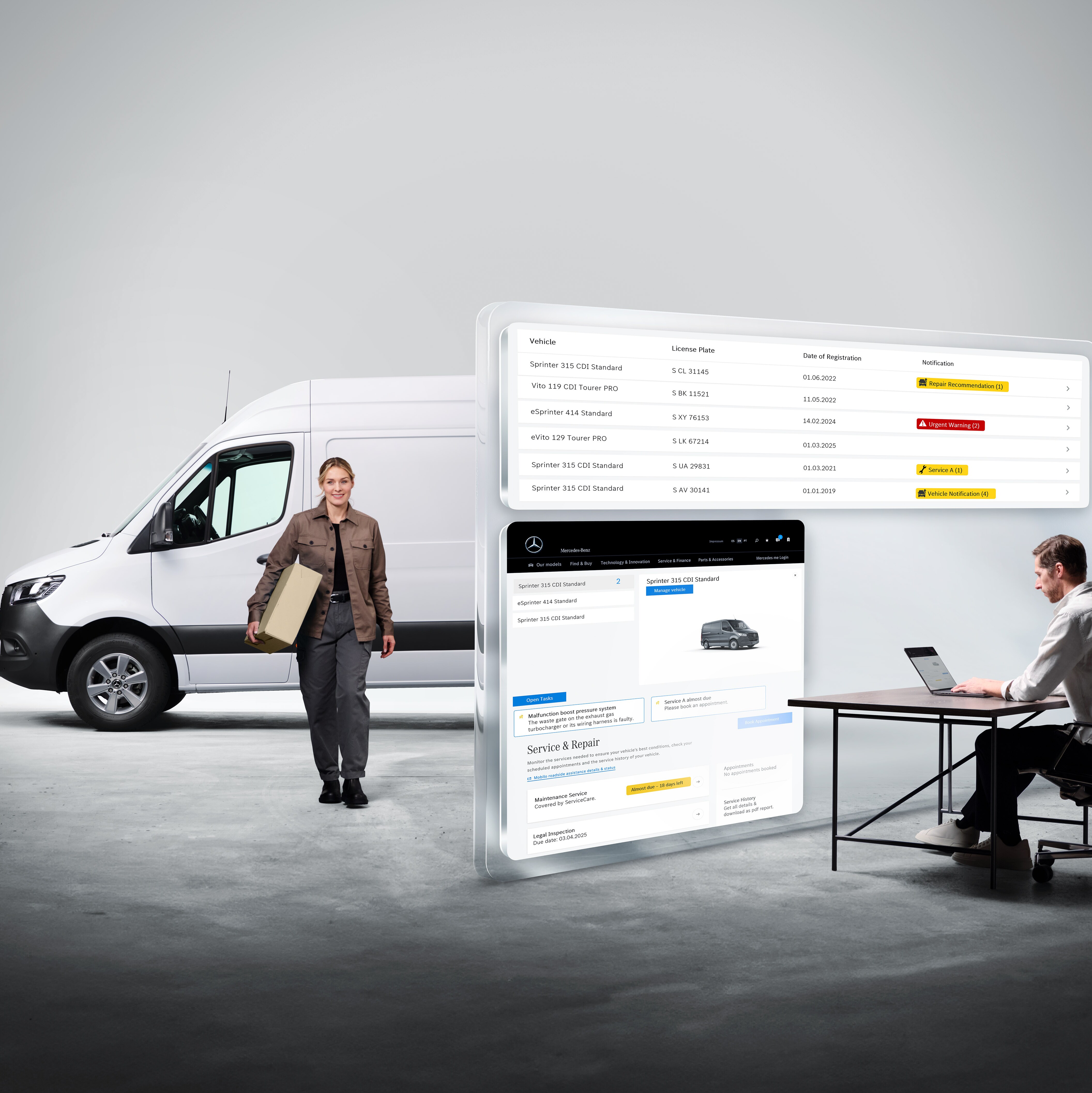 Die Bildschirme, die digitale Dienste von Mercedes-Benz anzeigen, mit Personen und einem Mercedes-Benz Sprinter im Hintergrund.