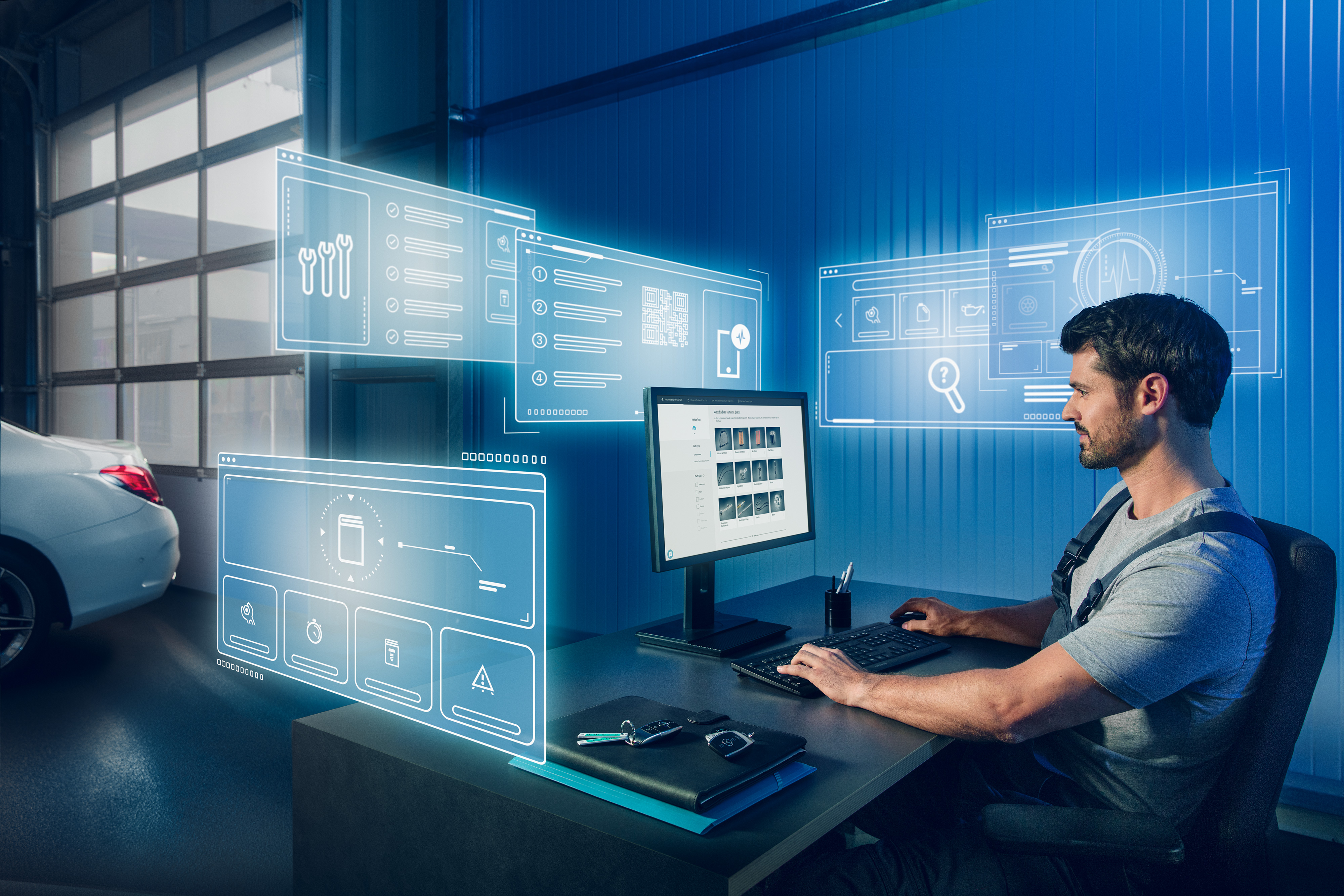 Mercedes-Benz | Transporter Qualität Original-Teile Mechaniker sucht am Computer nach passenden Mercedes-Benz Original-Teilen im Mercedes-Ersatzteilkatalog.