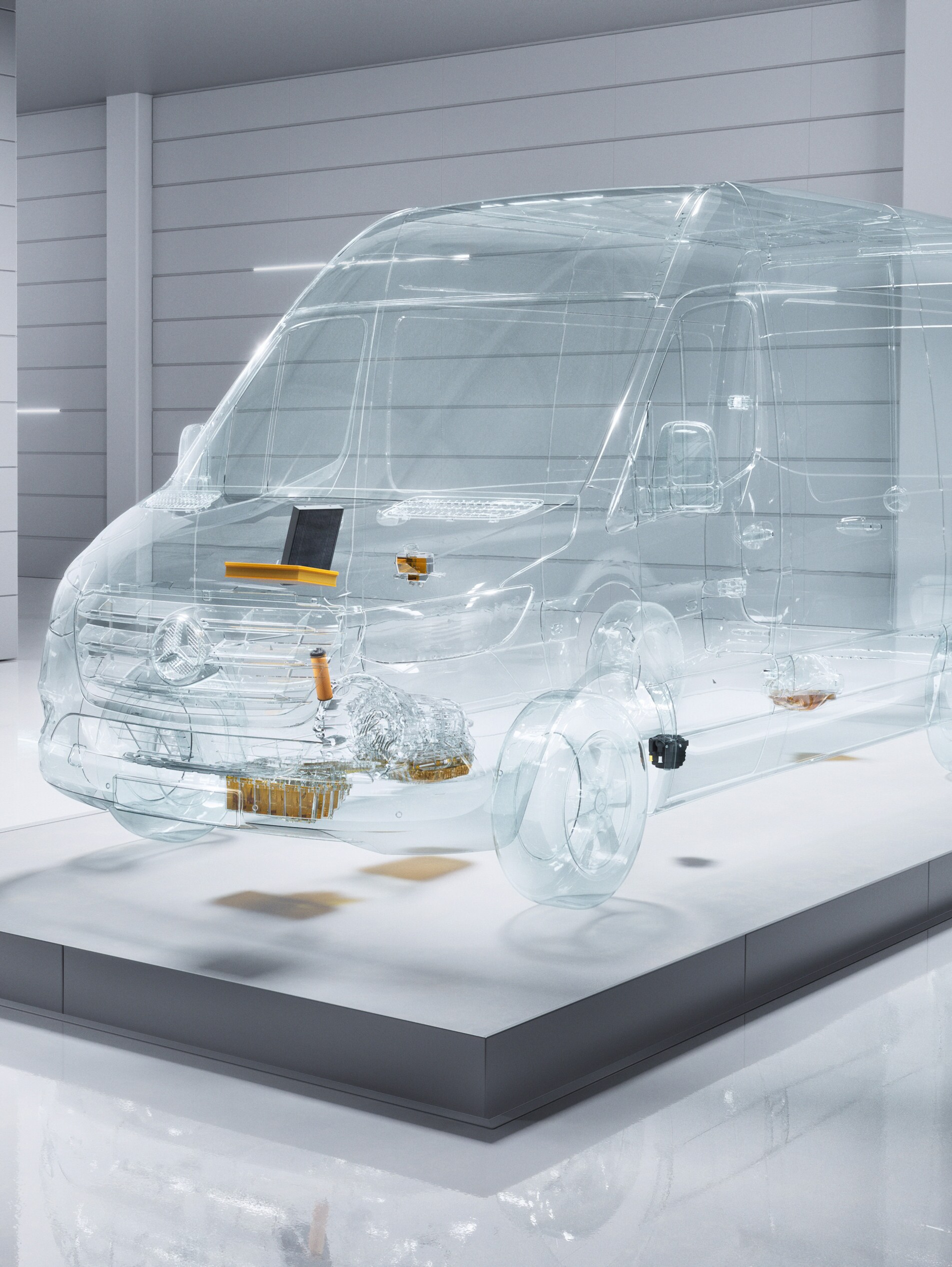 Ein virtueller transparenter Mercedes-Benz Sprinter in einer Werkstattumgebung.