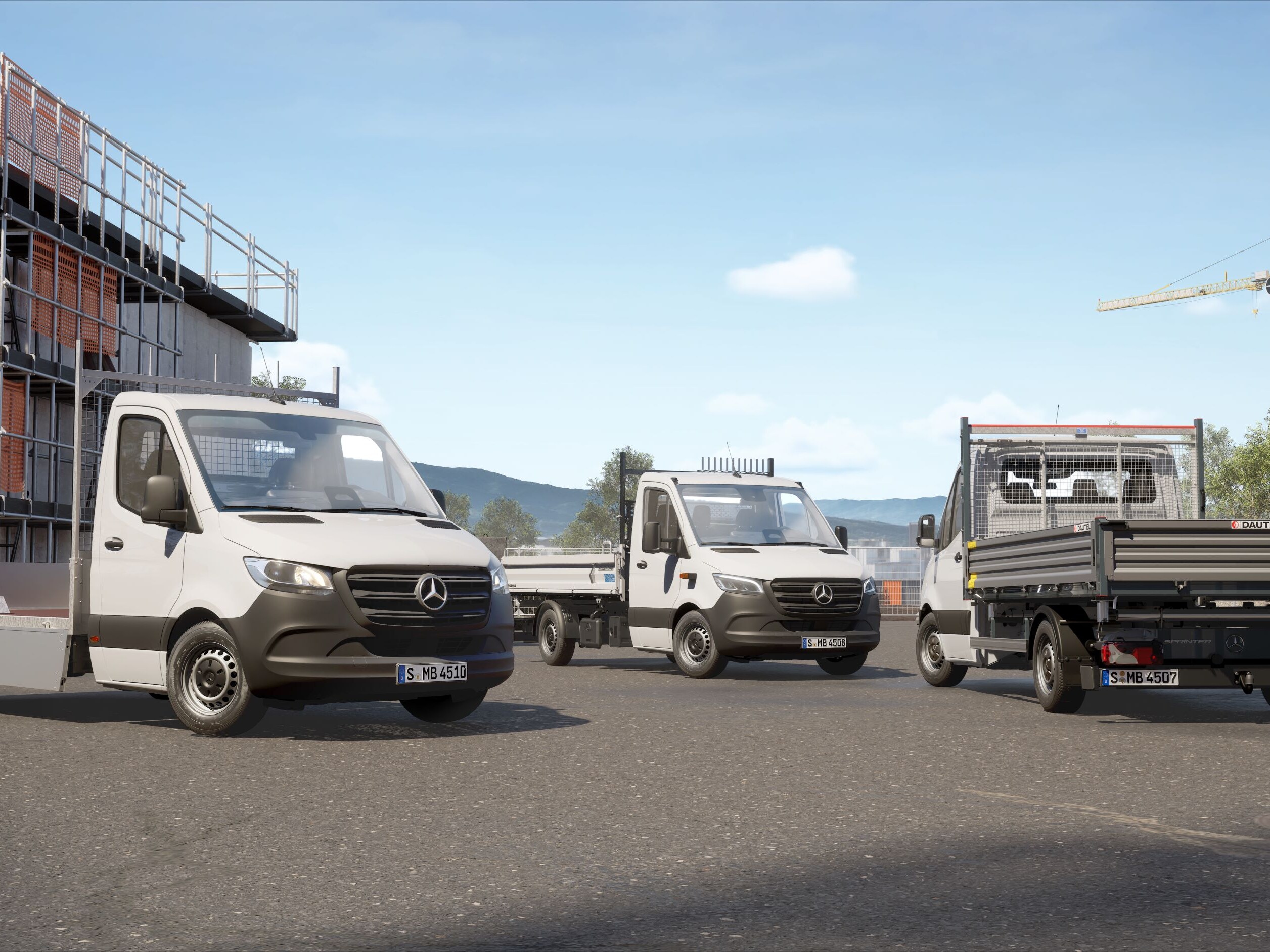 Various Sprinter vehicles with platform and tipper bodies.