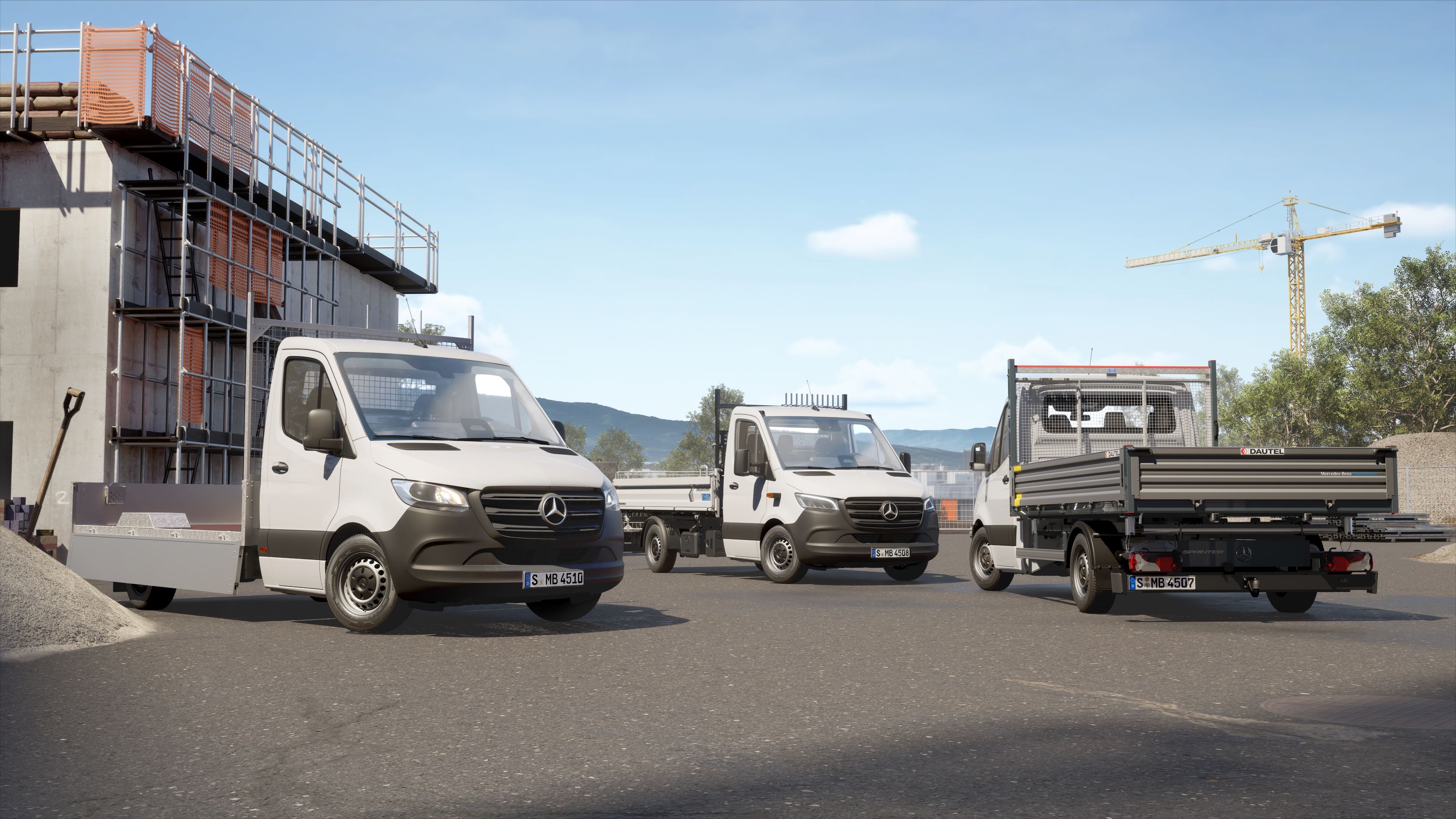 VanSolution | Sprinter | Mercedes-Benz Various Sprinter vehicles with platform and tipper bodies.